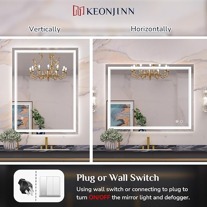 Keonjinn LED Bathroom Mirror with Lights 42 x 36 Inch, 90+ IP54(Horizontal/Vertical) IP54(Horizontal/Vertical)