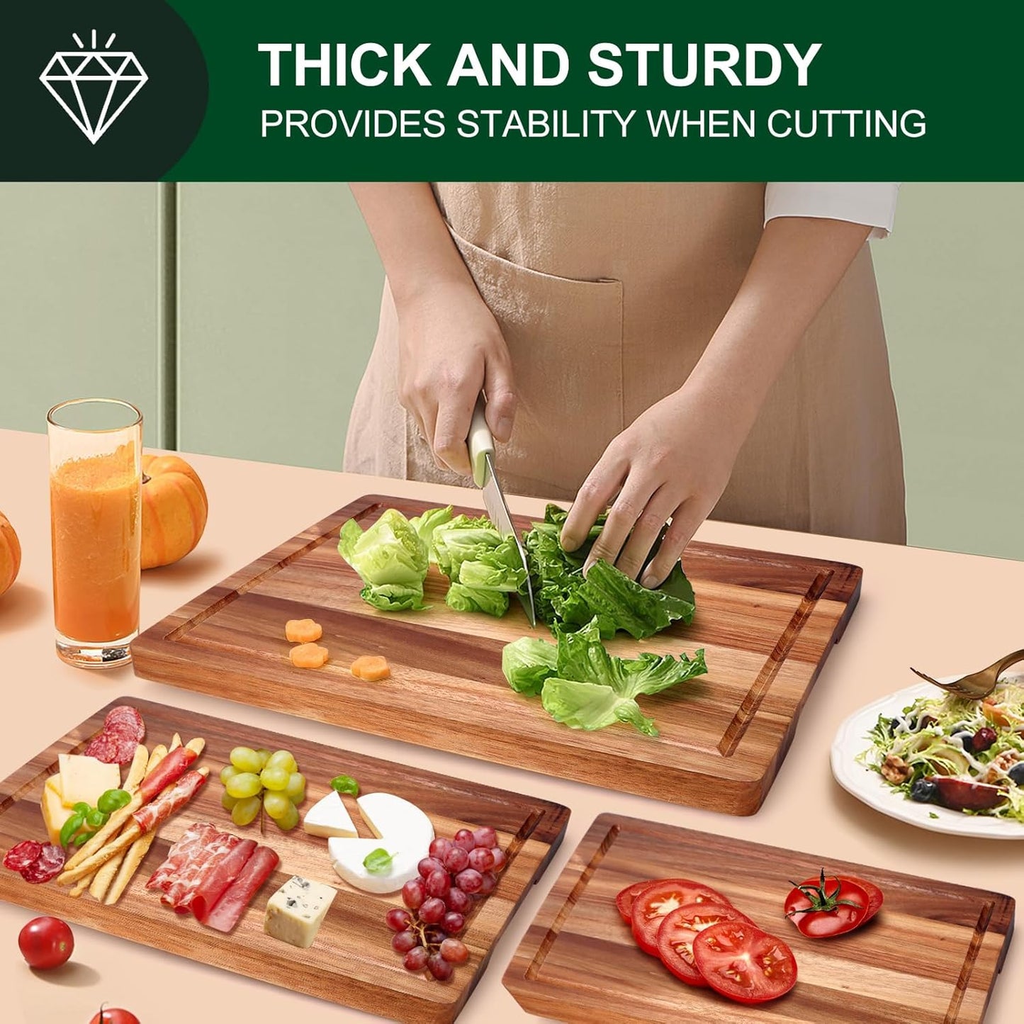 Extra Large Acacia Wood Cutting Board Set of 3 Wooden Chopping Board With Holder Fruit Cutting Boards Charcuterie Boards for Kitchen Bread Cheese Serving Board Meat Cutting Board Carving Board