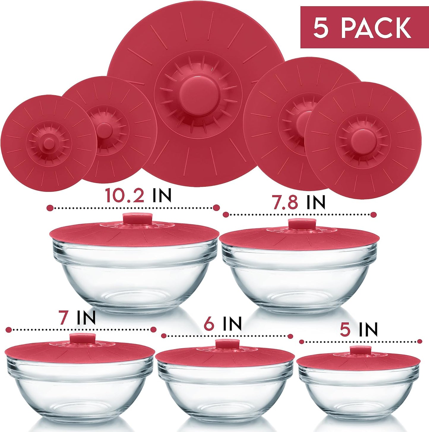 Silicone Bowl Lids Red, Set of 5 Reusable Suction Seal Covers for Bowls, Pots, Cups. Food Safe Natural grip, interlocking handles for easy use and storage.