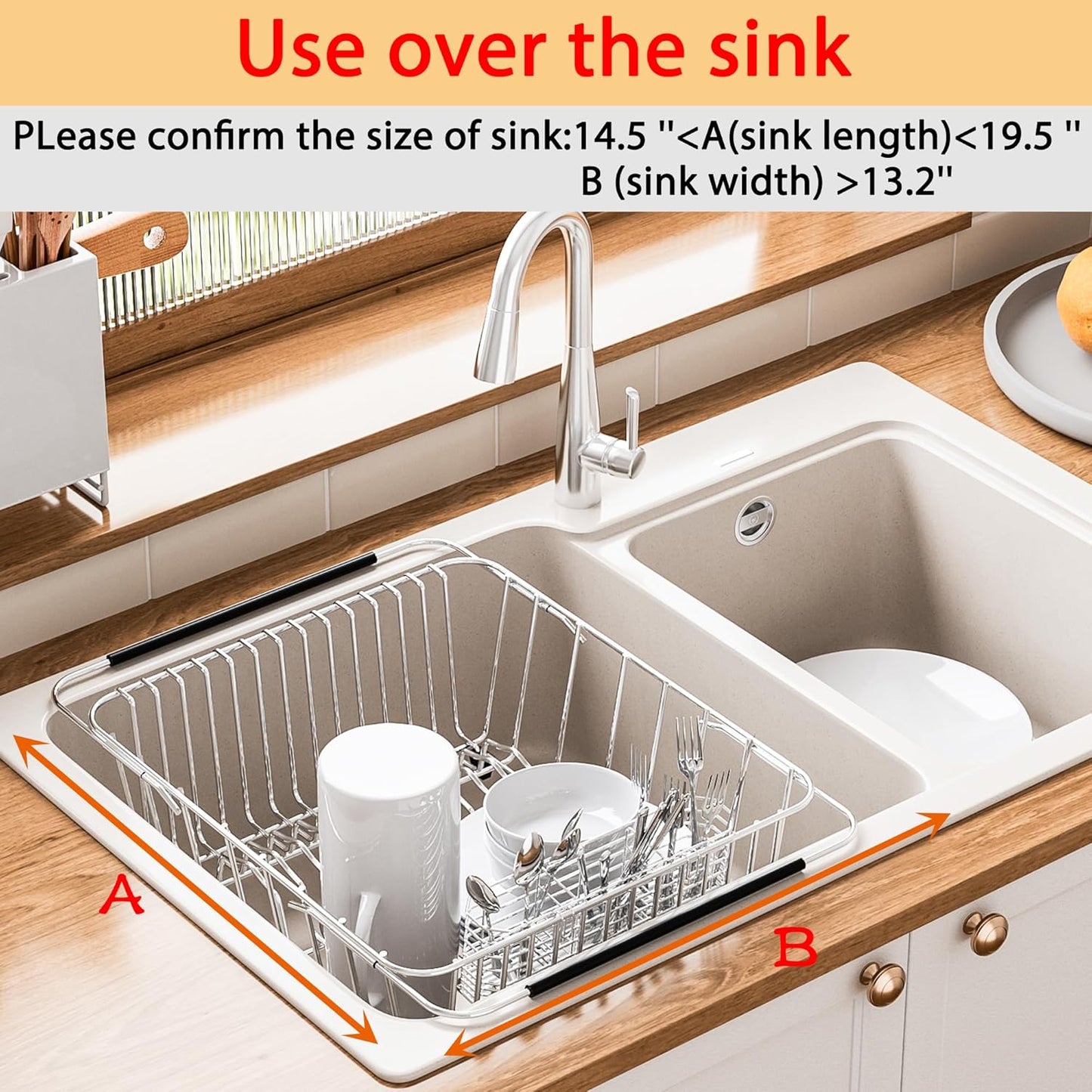 Stainless Steel Dish Drying Rack(15.2"L X 13"W X 5.8"H), Expandable Fruit & Vegetable Drain Rack over Sink, Dish Drainer Rack in Sink, with Stainless Steel Utensil Holder & Silicone Mat(16")