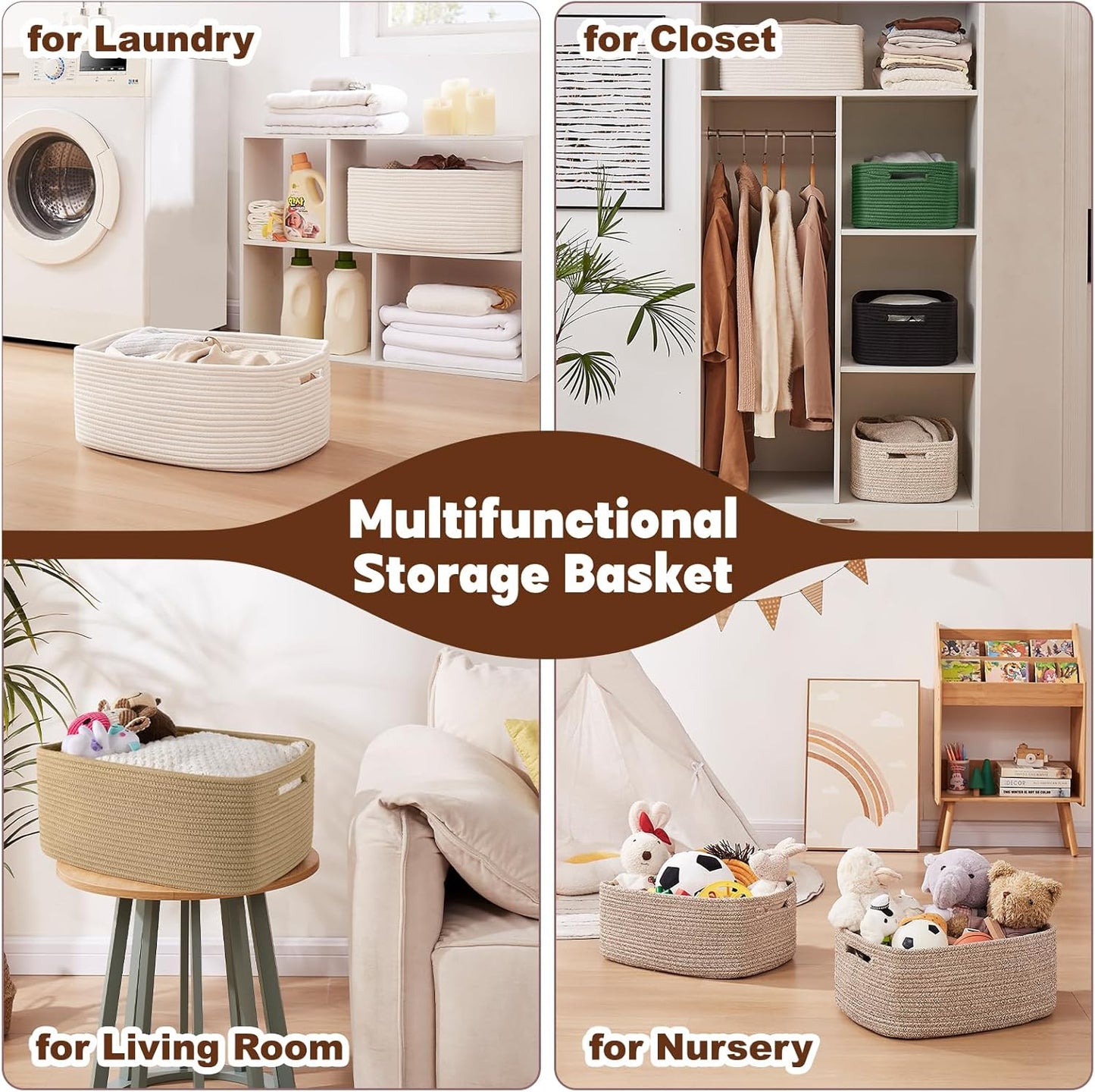 OIAHOMY Storage Basket for Shelves, Closet Cube Storage Bins Baskets for Clothes Blanket Towels, Baby Nursery, Toy Box, Woven Rope Basket, 15.75*11.81*7.09 IN, 2 Packs Brown