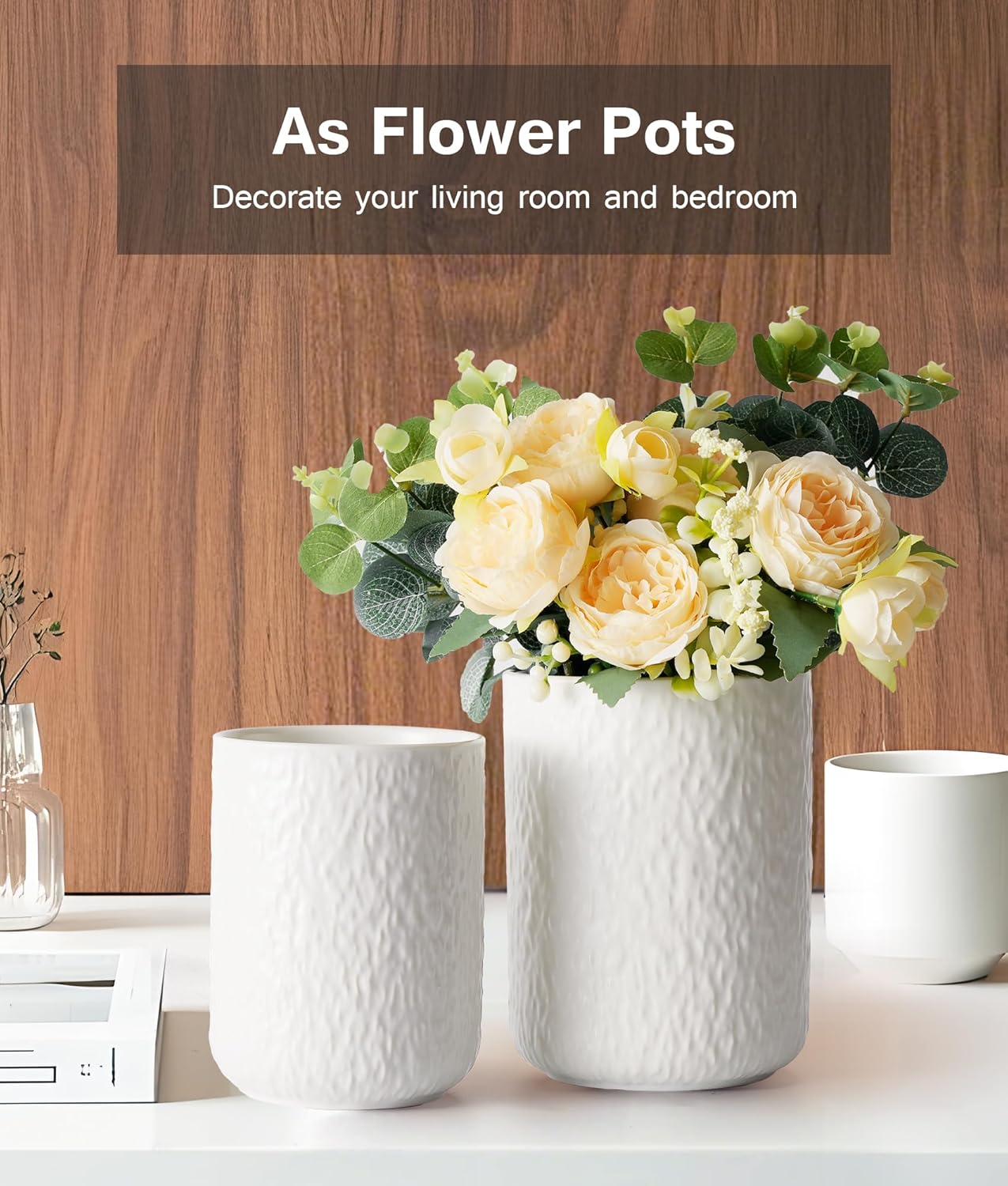 Set of 2 Utensil Holder, 7"+5" Ceramic Kitchen Utensil Holder for Countertop, Large Cooking Utensil Crocks for Counter, Morden Utensil Organizer for Spatula, Kitchen Decor (White)