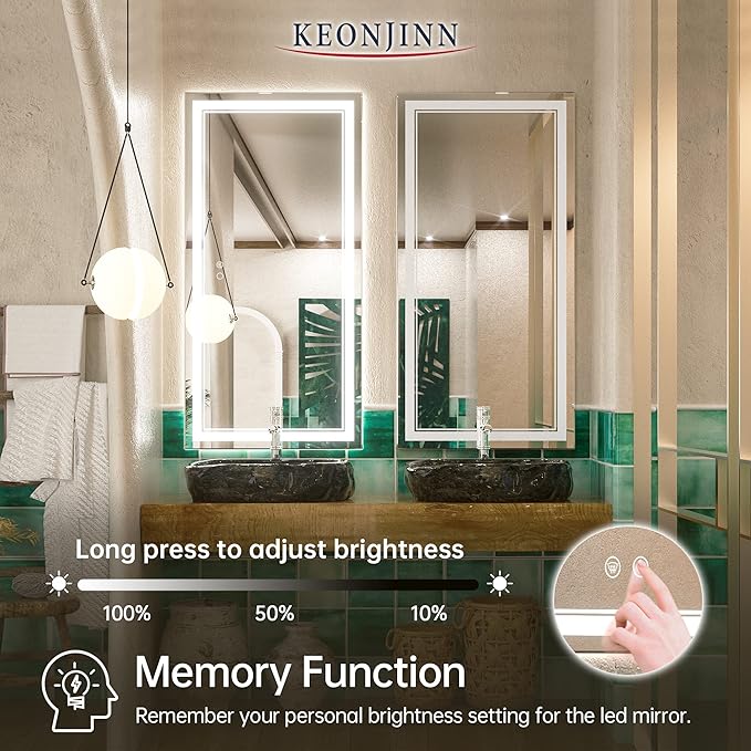 Keonjinn 48 x 24 Inch LED Bathroom Mirror 6000K (Horizontal/Vertical)