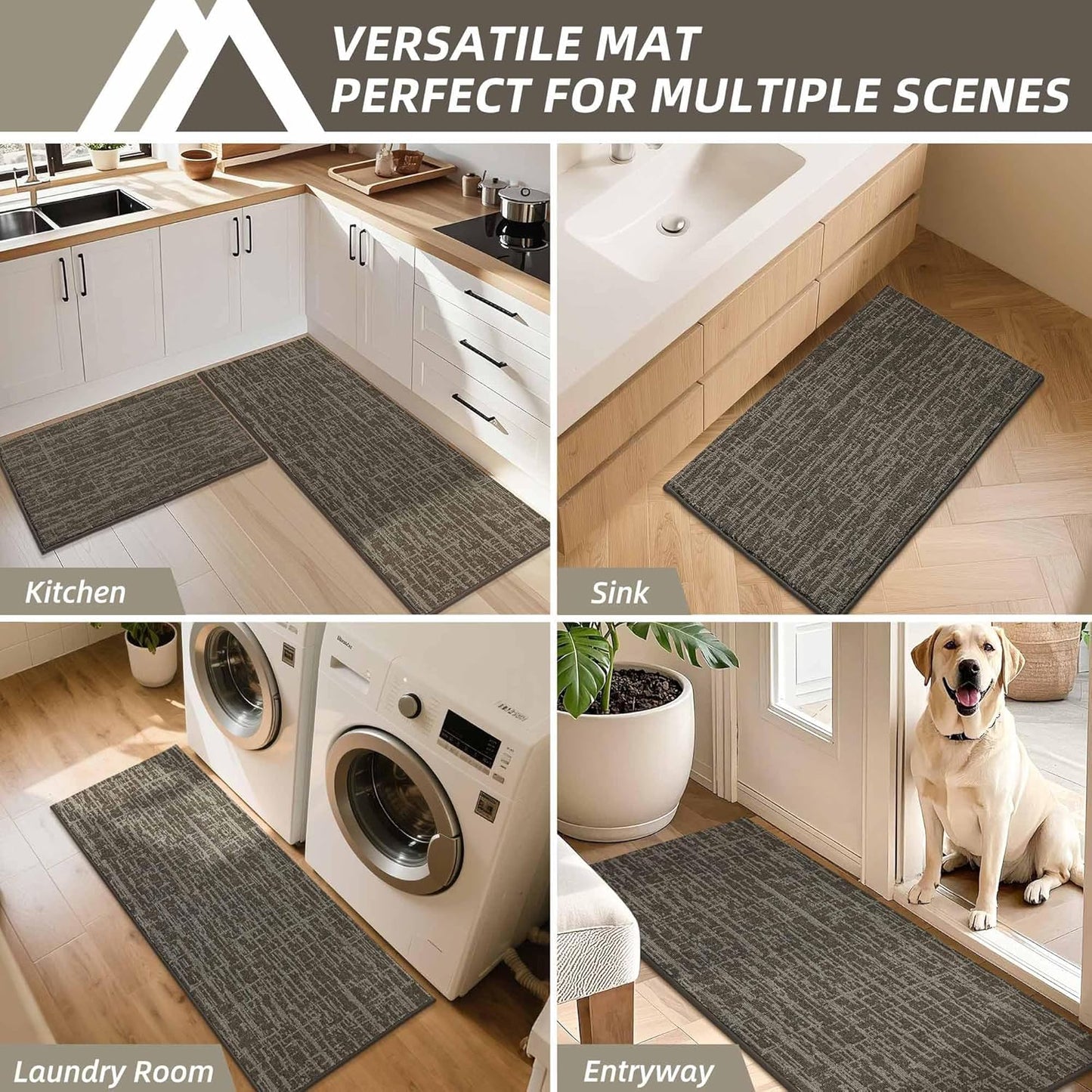 COSY HOMEER Kitchen Rugs 20"x32"+20"x48" Absorbent Soft Kitchen Mats for Floor Non Slip Kitchen Runner Rug Polyester Washable Kitchen Floor Mats for Sink Mat,Hallway,Laundry,Light Brown