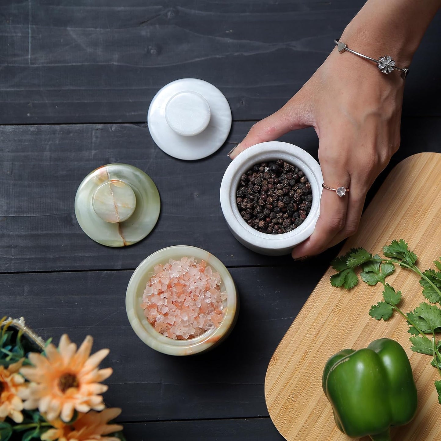 Marble Salt Cellar With Lid- Pack Of 2 Marble Salt And Pepper Bowls- Salt Holder With Lid To Put Salt, Paprika, Pepper, And Spice (Onyx Green & White, Style 01)