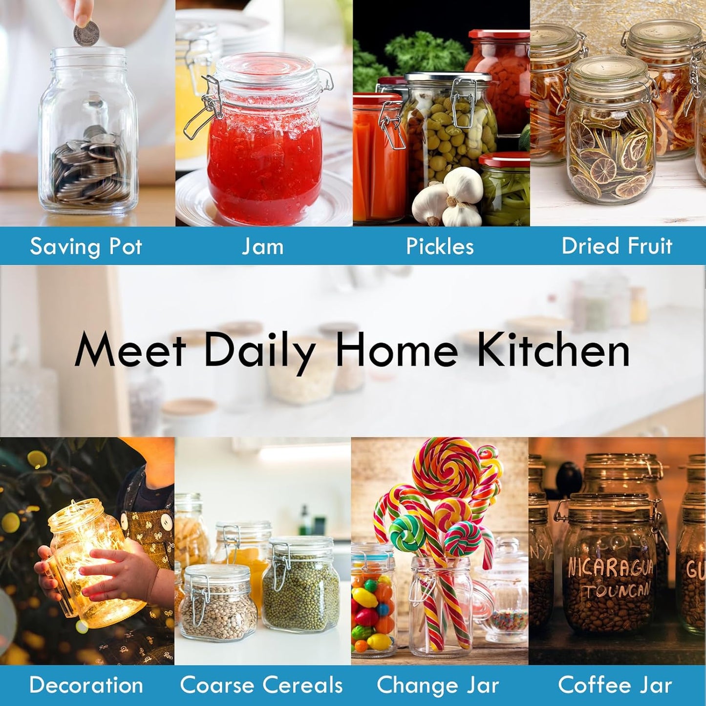 YEBODA 32oz Food Storage Canister Glass Jars with Clamp Airtight Lids and Silicone Gaskets for Multi-Purpose Kitchen Containers - Clear Square (3 Pack)