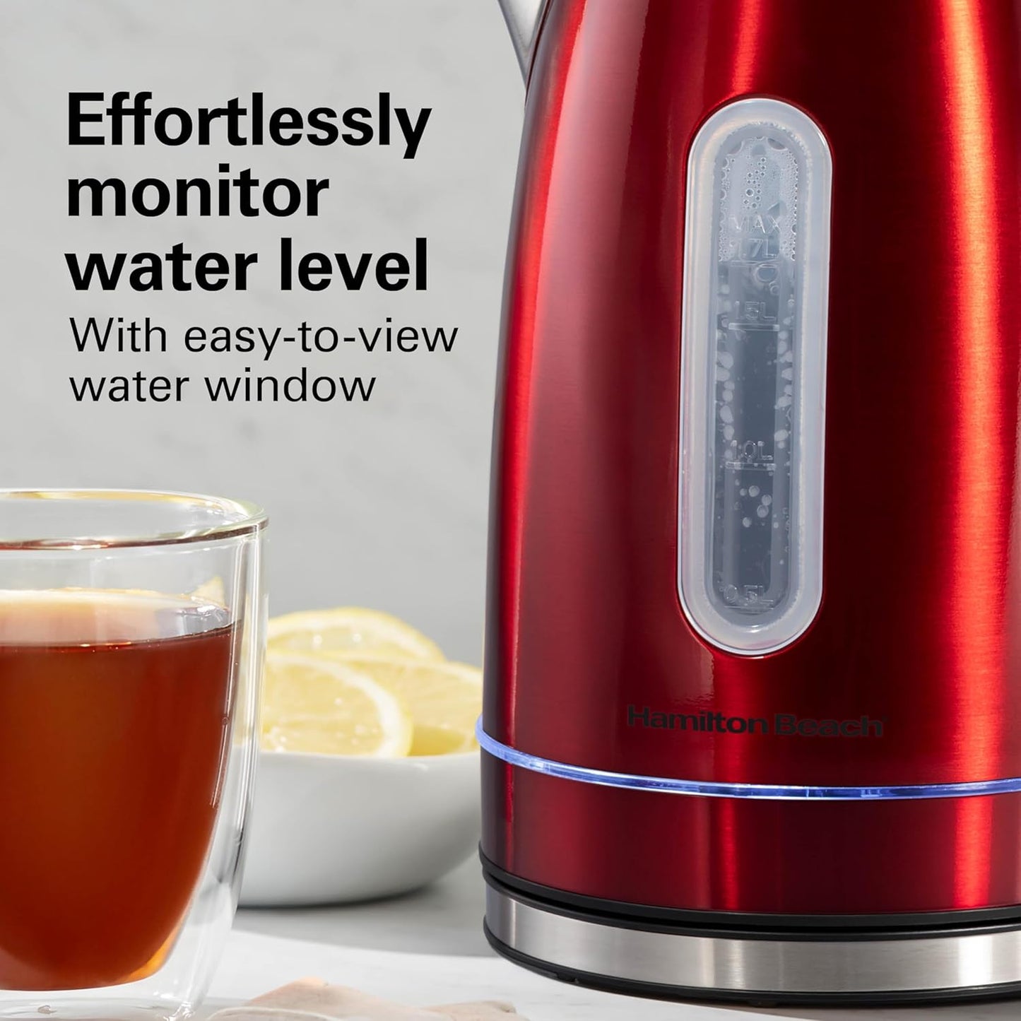 Hamilton Beach Electric Tea Kettle, Water Boiler & Heater, 1.7 Liter, Cordless Serving, 1500 Watts for Fast Boiling, Auto-Shutoff and Boil-Dry Protection, Red with LED Light Ring (41060)