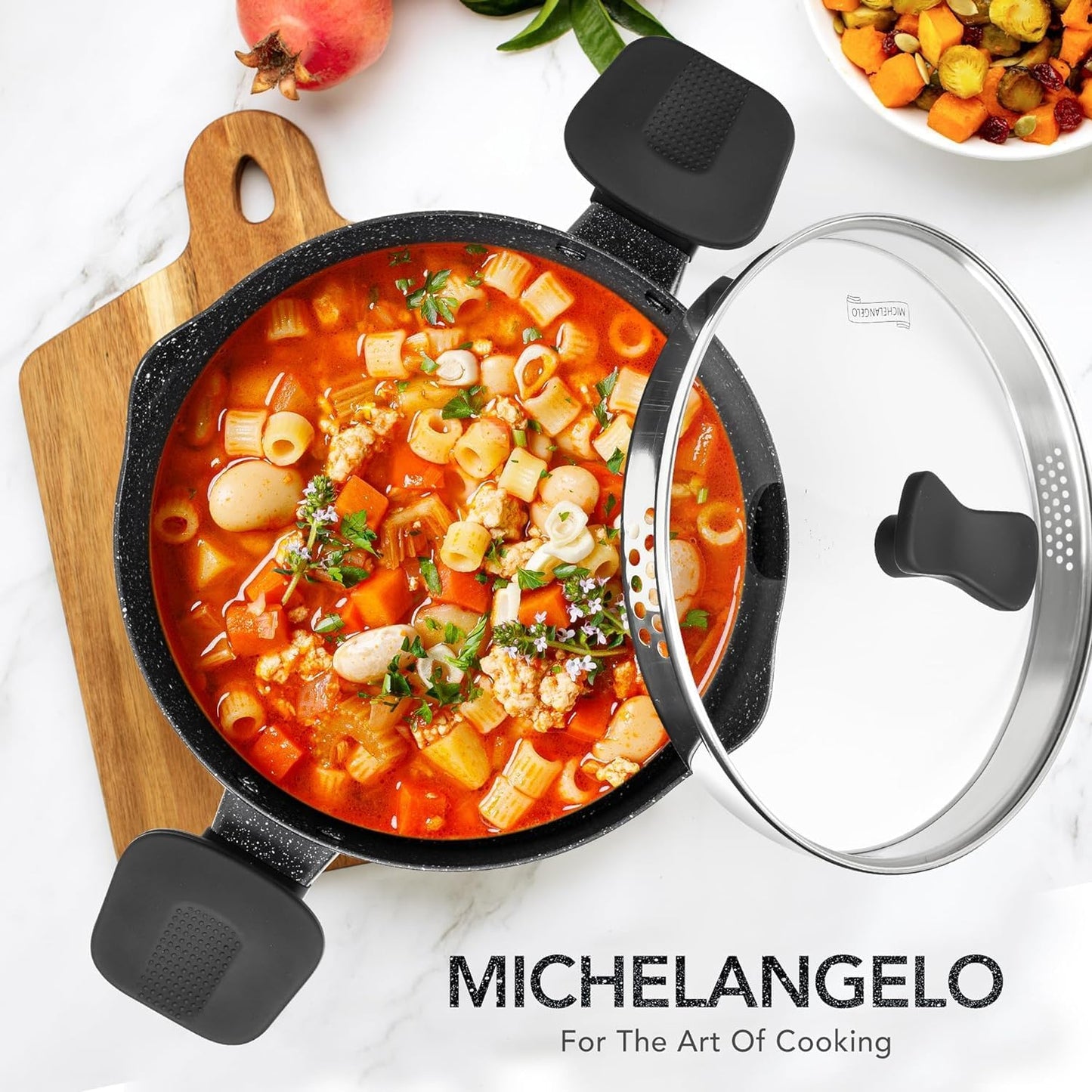 MICHELANGELO Pasta Pot with Strainer Lid, 6 Quart Cooking Pot with Twist and Lock Handles, Soup Pot with Nonstick Granite Coating, Spaghetti Pot Induction Compatible, Black