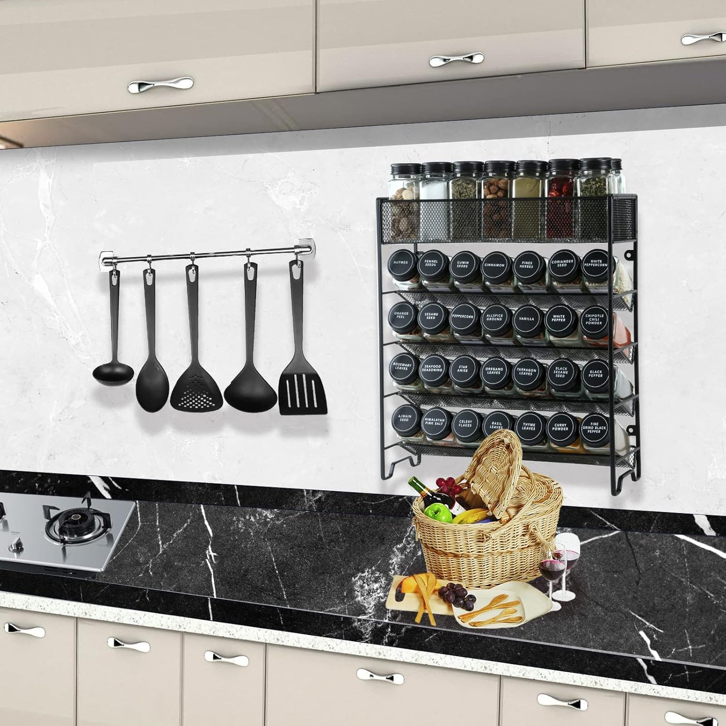 Spice Rack Organizer with 28 Spice Jars, Black Lids,Spice Labels, Chalk pen and Funnel Set for Cabinet, Countertop, Pantry, Cupboard or Wall Mount