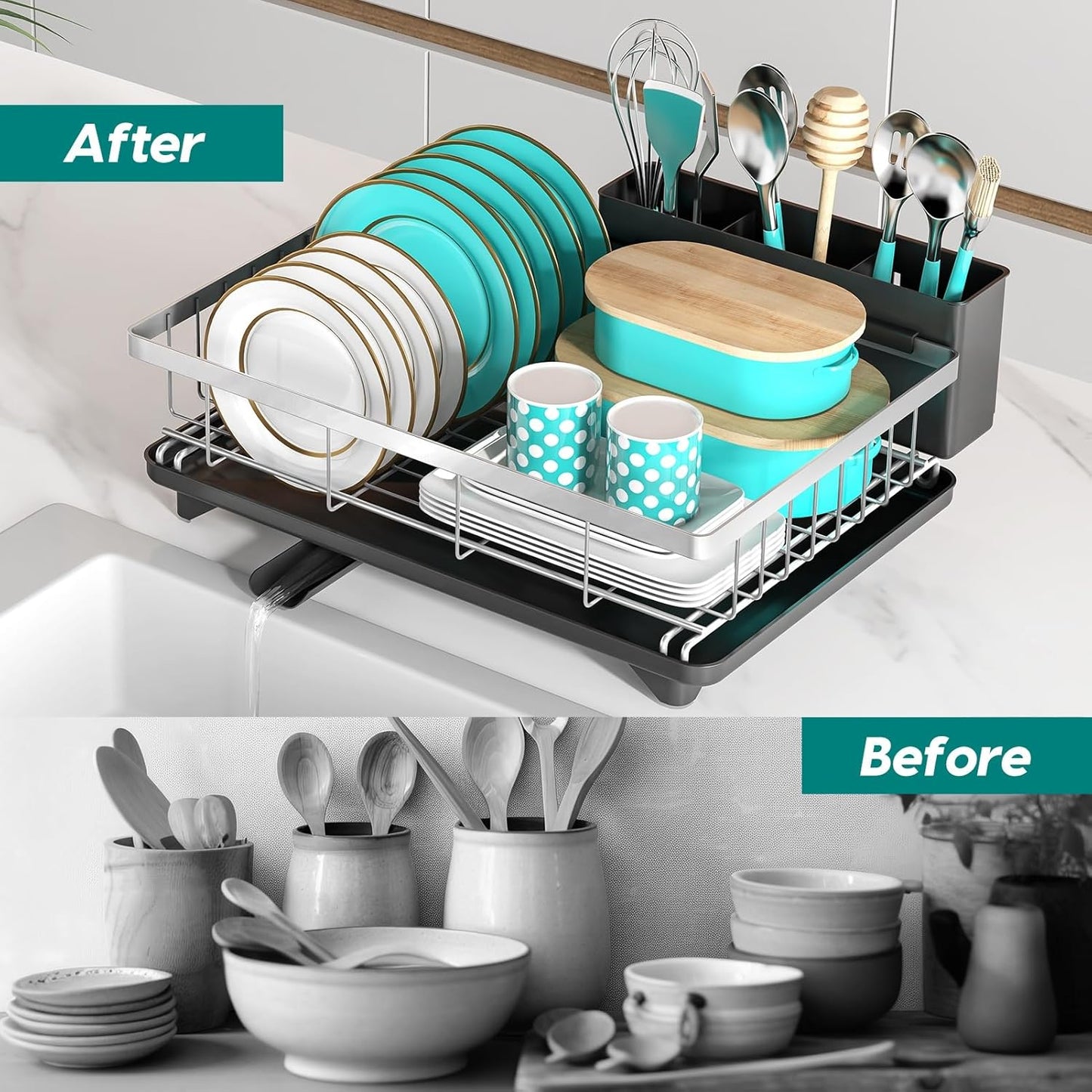 MERRYBOX Stainless Steel Dish Drying Rack for Kitchen Counter Sink,Rustproof Stainless Steel Dish Rack with Large 3-Compartment Utensil Holder