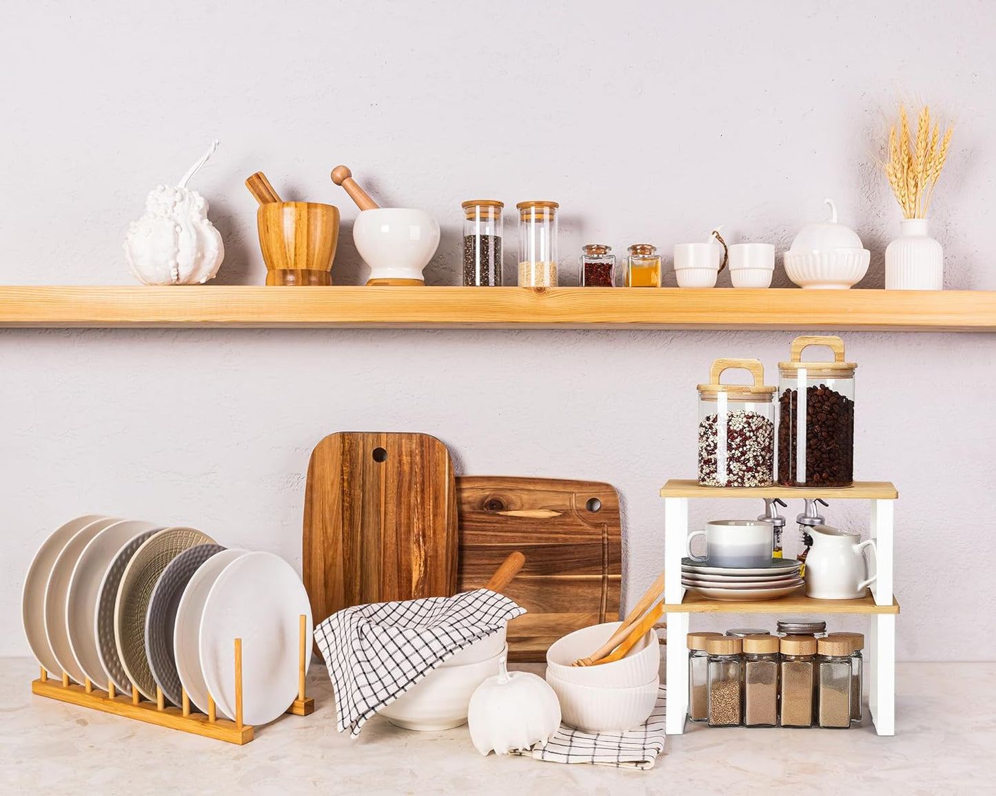 Marsui 4 Pcs Kitchen Organizer Accessories Set Cabinet Organizer Shelf and Bamboo Dish Drying Plate Rack Counter Shelves Storage Holder for Spice Rack, Dish, Pot Lid, Bowl, Cup(Wooden Color)