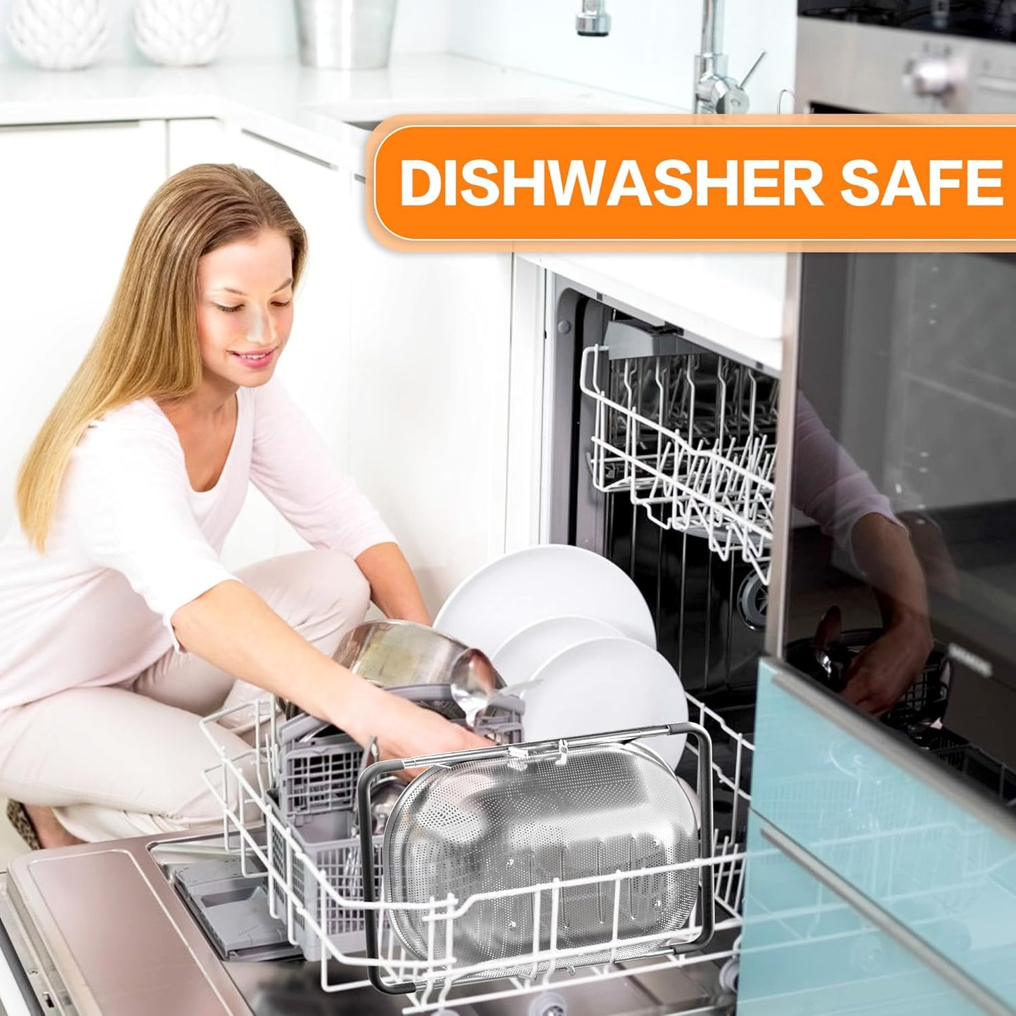 Over the Sink Colander - Strainers and Colanders - Sink Strainer Basket - Expandable Fine Mesh Strainer with Rubber Grip for Veggie, Fruits, Pasta, Home Kitchen Essentials (9.5W x 13.4-21.3L x 3.3H)