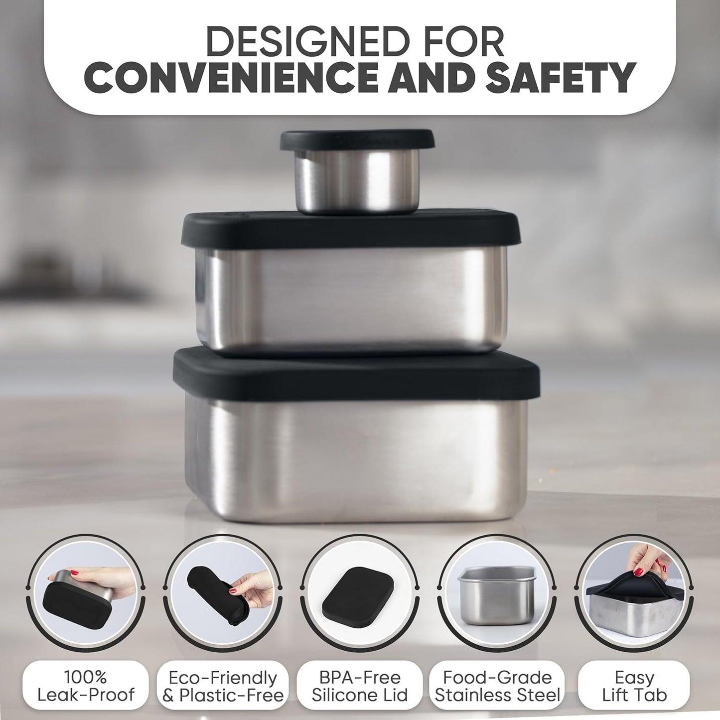 Flexibento - Leak proof Stainless Steel Bento Box | Stainless steel Snack Containers | Food Containers with Silicone Lids | Metal Food Containers| Bentobox - Black, 52 Oz Set (set of 5)