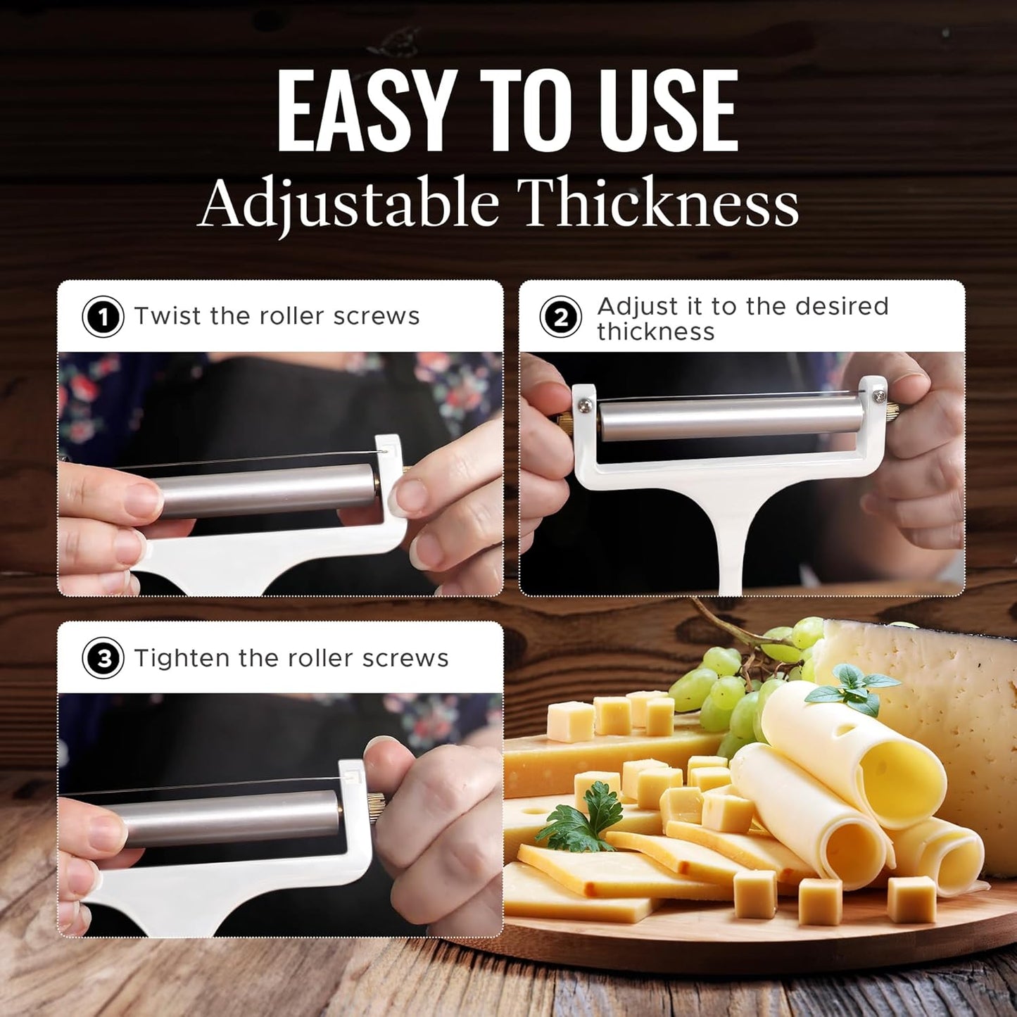 Zulay Kitchen Stainless Steel Wire Cheese Slicer - Adjustable Hand Held Cheese Cutter with 2 Extra Wires - Premium Cheese Shaver For Mozzarella, Cheddar, Gruyere - Cheese Cutter with Wire (White)