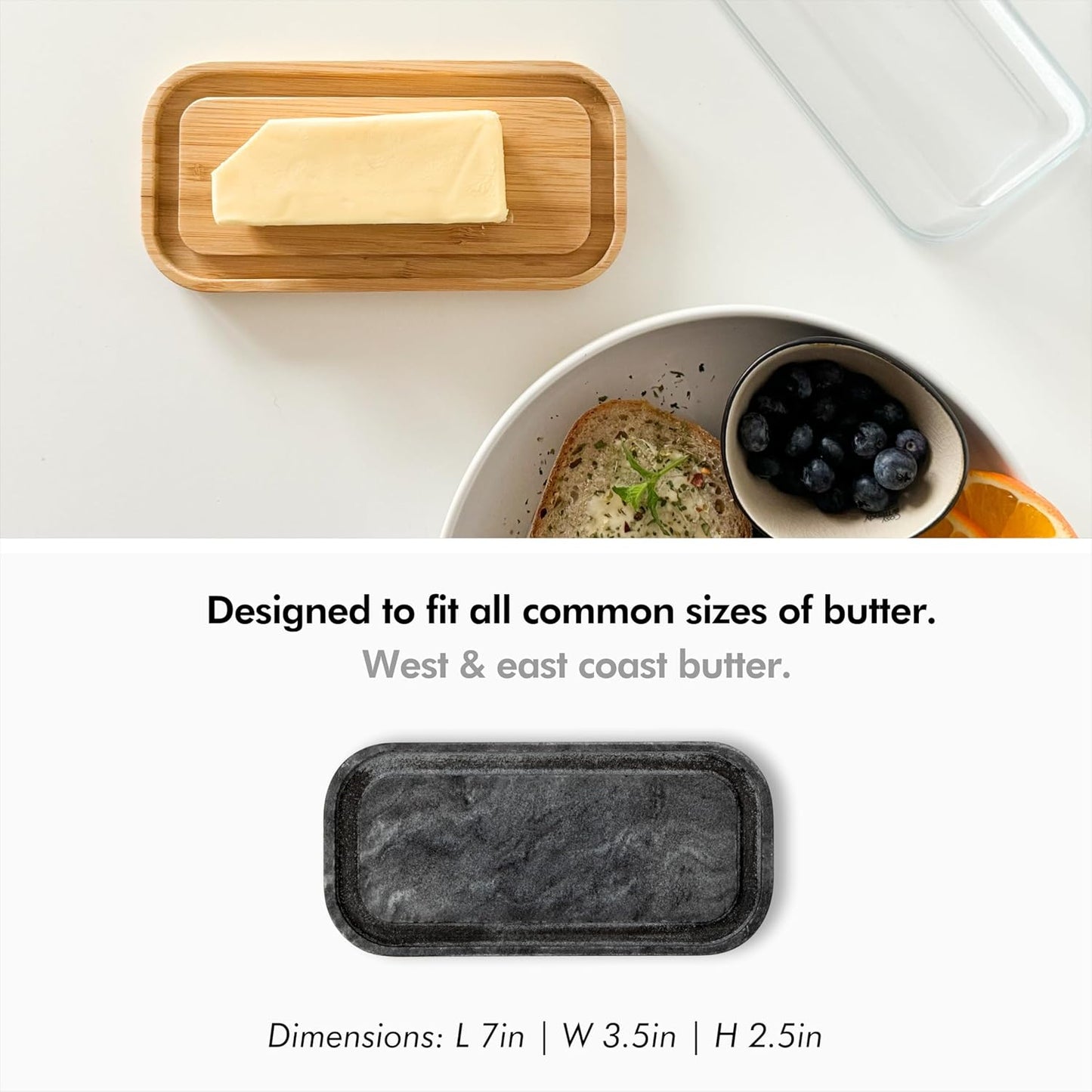 KIVY Butter Dish (Black Marble & Glass) - For countertop and refrigerator door shelf - Marble butter keeper - Stone butter dish - Glass butter dish with lid - Dishwasher Safe