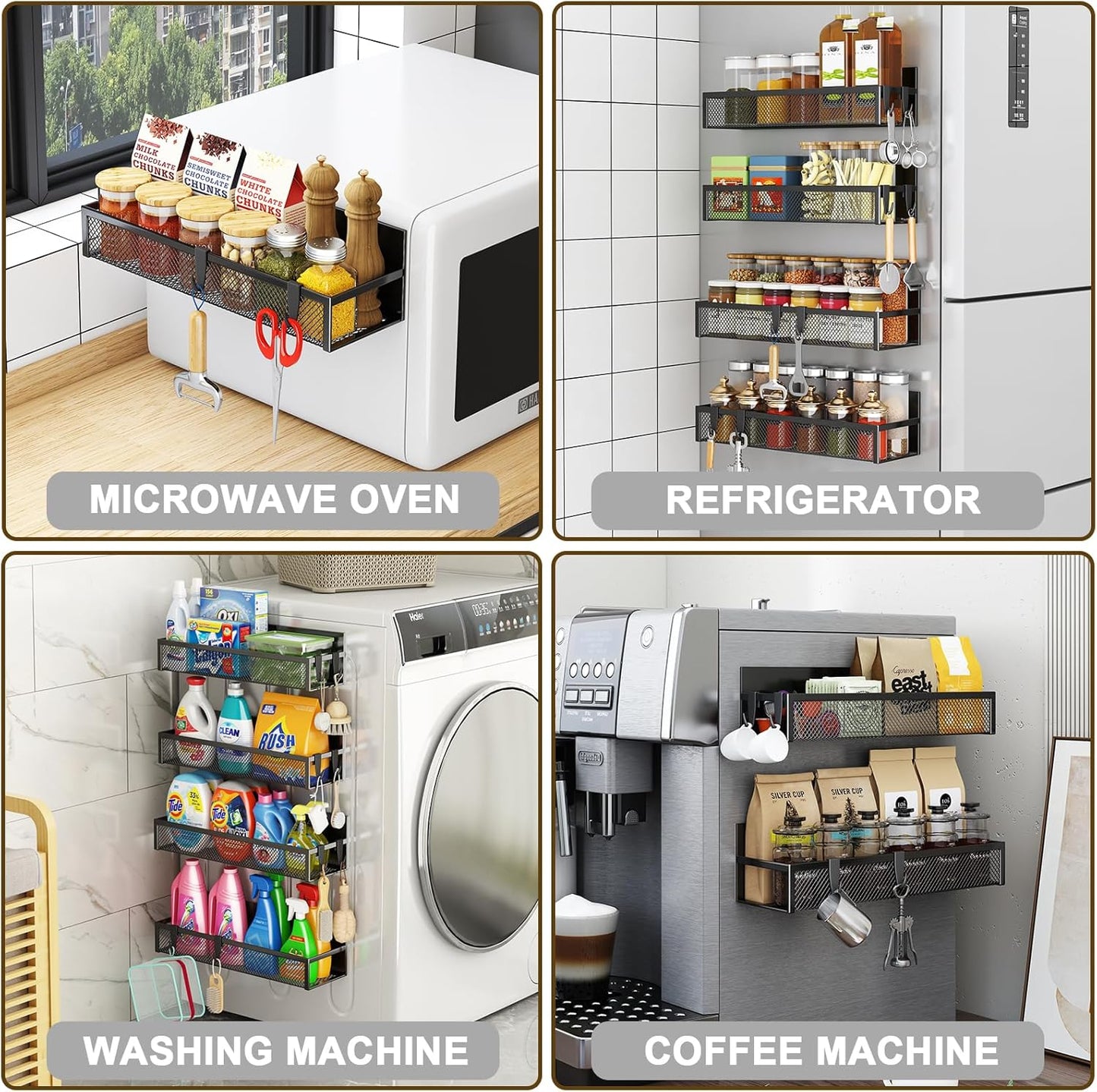 Magnetic Spice Rack for Refrigerator, 5 Pack Magnetic Shelf, Moveable Magnetic Fridge Organizer with an 8-Hook Rack, Seasoning Organizer for Kitchen Organization (Extra with 8 Hooks)