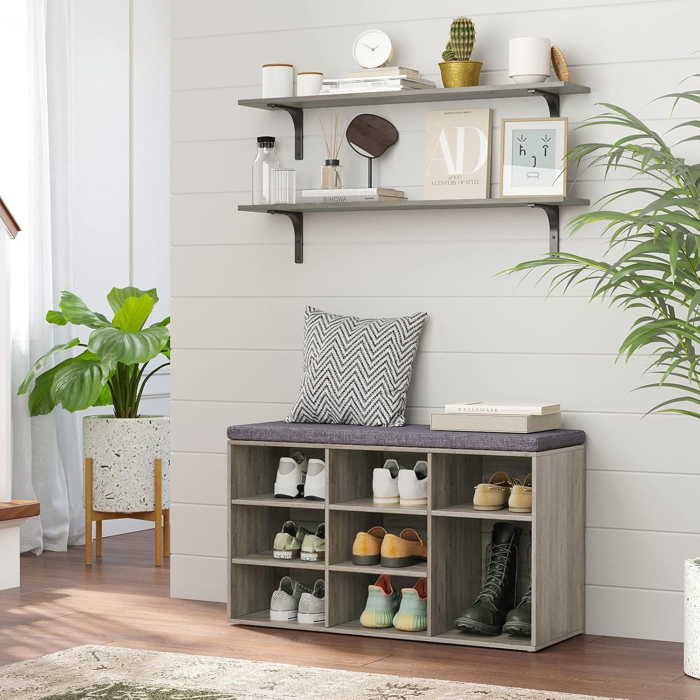 DINZI LVJ Long Wall Shelves, 39.4Inch Wall Mounted Shelves Set of 2, Extra Large Floating Storage Ledges with Sturdy Metal Brackets for Living Room, Bathroom, Bedroom, Kitchen, Gray Wash