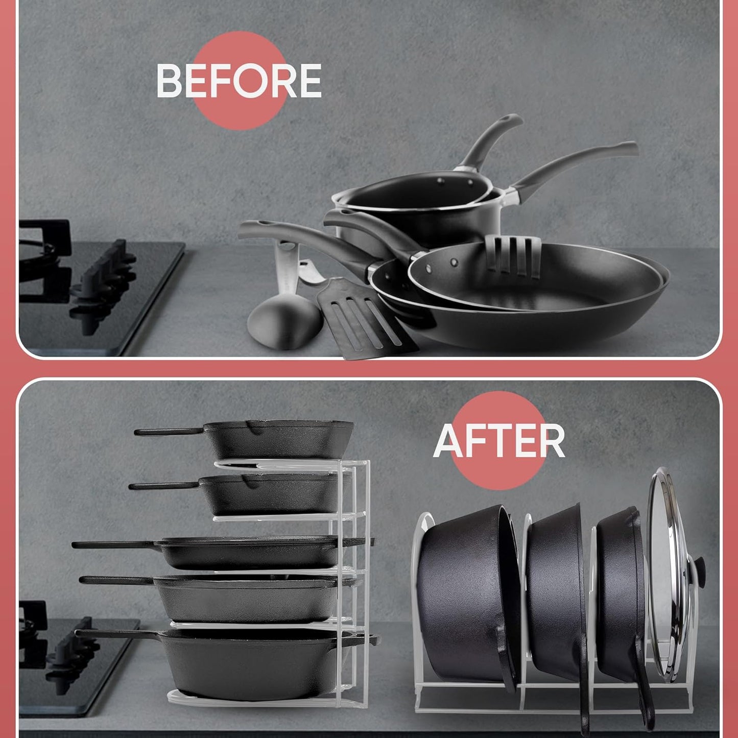 Heavy-Duty Pots and Pans Organizer | 5-Tier Cookware & Lid Storage Rack | Free-Standing or Wall-Mount | Kitchen Organizer for Cast Iron Skillets, Pots, Frying Pans, Lids | White