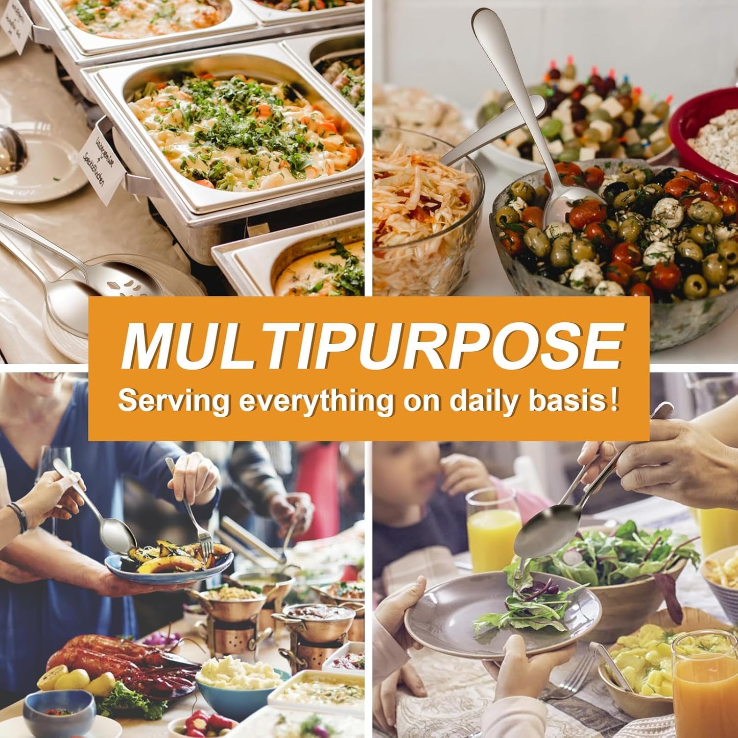 BEWOS 12-Piece Serving Set, 6 Slotted and 6 Regular Spoons, 9.1-Inch Stainless Steel, Dishwasher Safe, Large Serving Spoons For Buffet