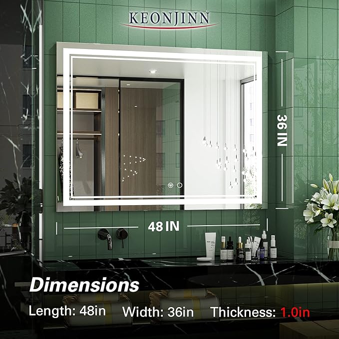 Keonjinn 48 x 36 Inch LED Bathroom Mirror