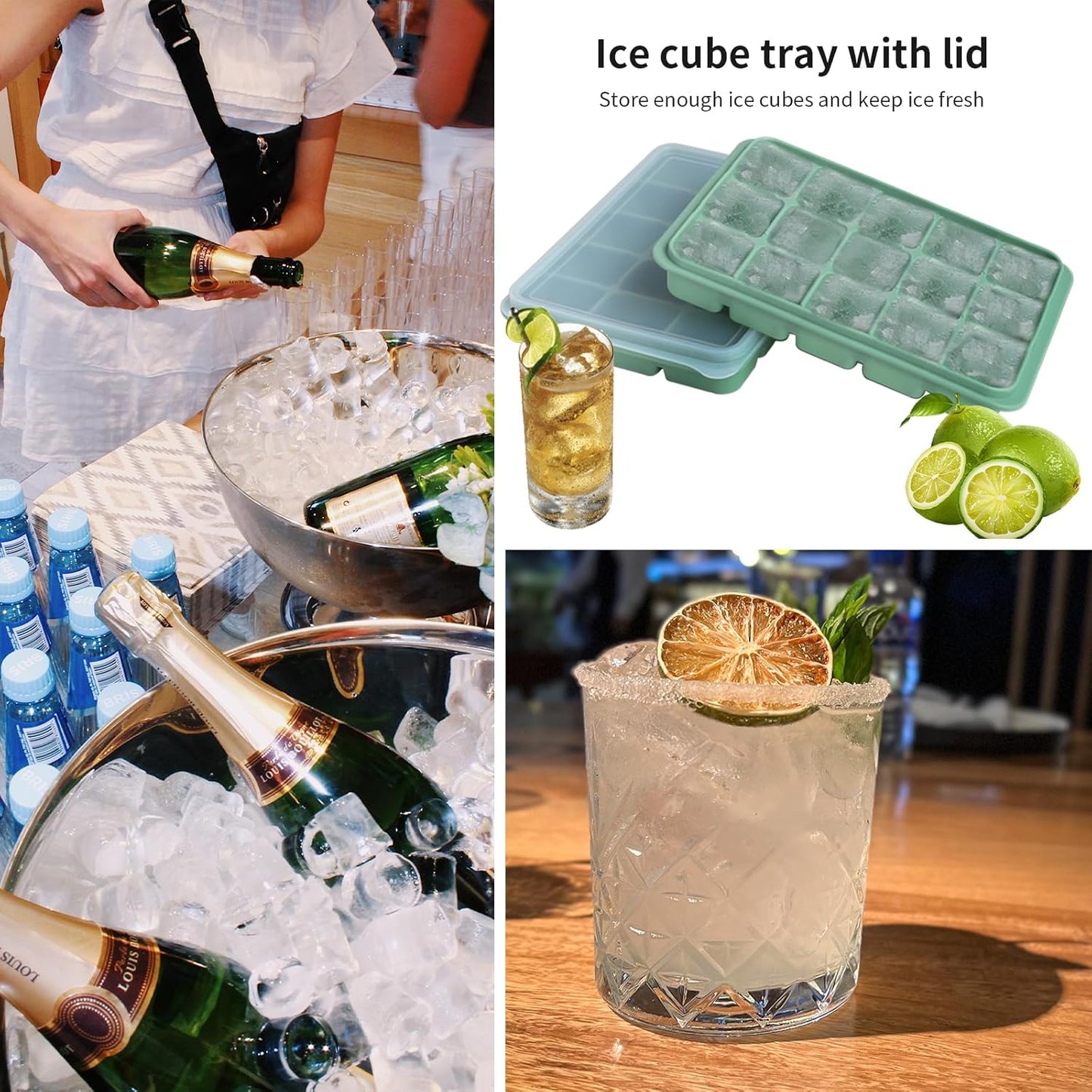 Ice Cube Trays Set of 3, Easy Release 15 Flexible Silicone Ice Cube Molds with Removable Lid Reusable Freezer Ice Trays Stackable for Whiskey, Baby Food, Green