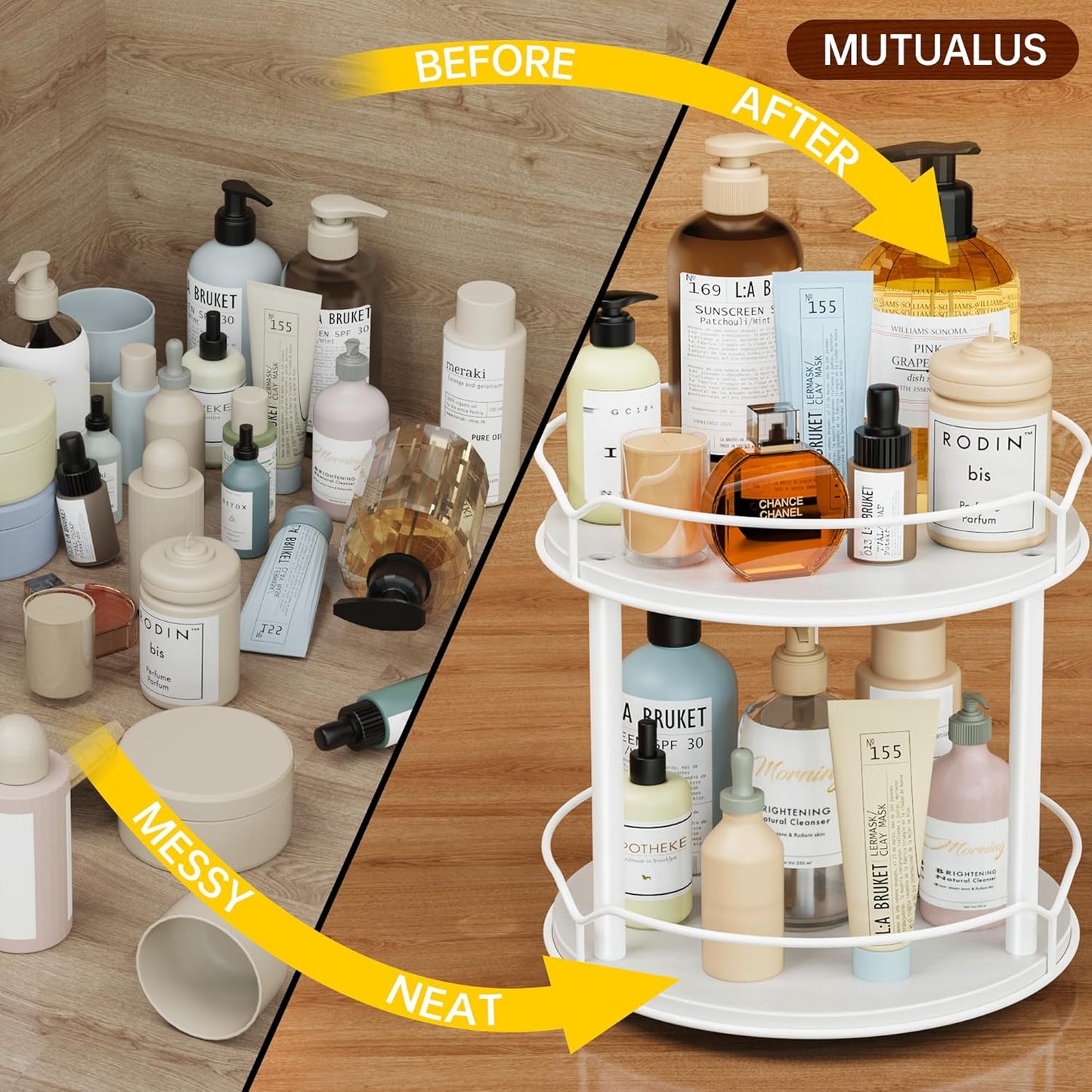 Lazy Susan Organizer 2 Tier - 9.2" Turntable Spice Rack for Table Top, Wooden Rotating Lazy Susan for Cabinet Pantry Kitchen Countertop Dining Table Cupboard Bathroom Vanity Storage(White)