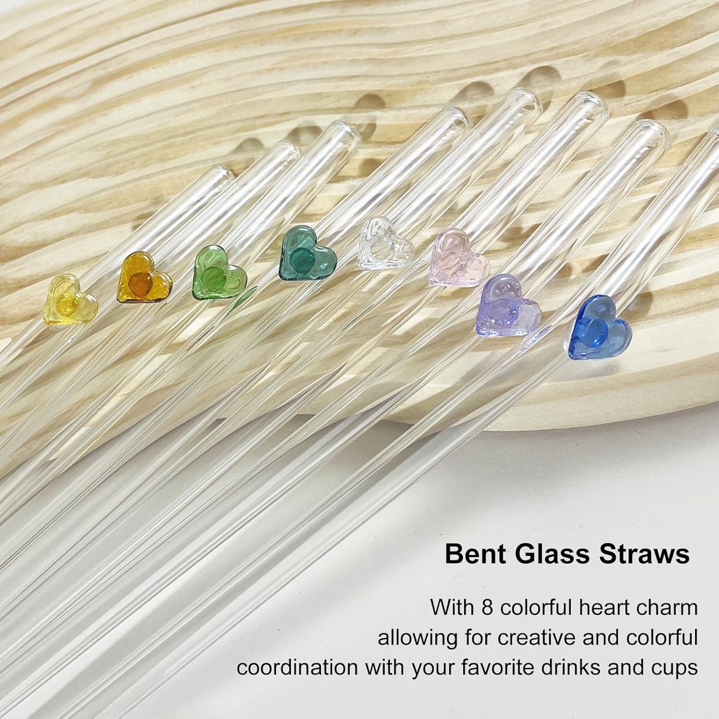 Reusable Glass Straws 8 Colorful Heart-Shaped Bent Straws with Cleaning Brushes, 8"x 0.3" Thick Clear Drinking Straw Set High Borosilicate Glass Drinking Straw for Tumblers 10 Pack Gift Wrap