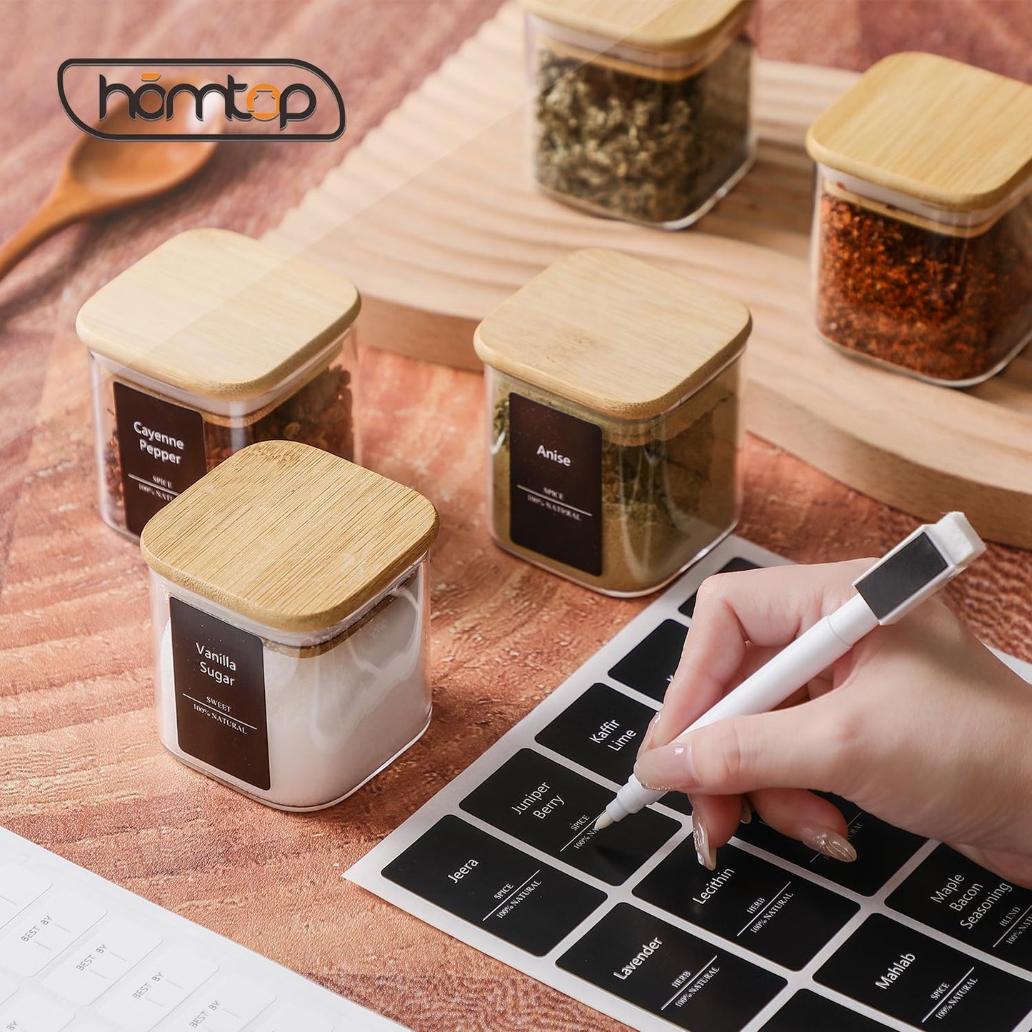 12Pcs 9oz Spice Jars Glass Container with 275 Labels, Airtight Seasoning Empty Organizer with Bamboo Lid Set for Food Storage, Salt, Sugar