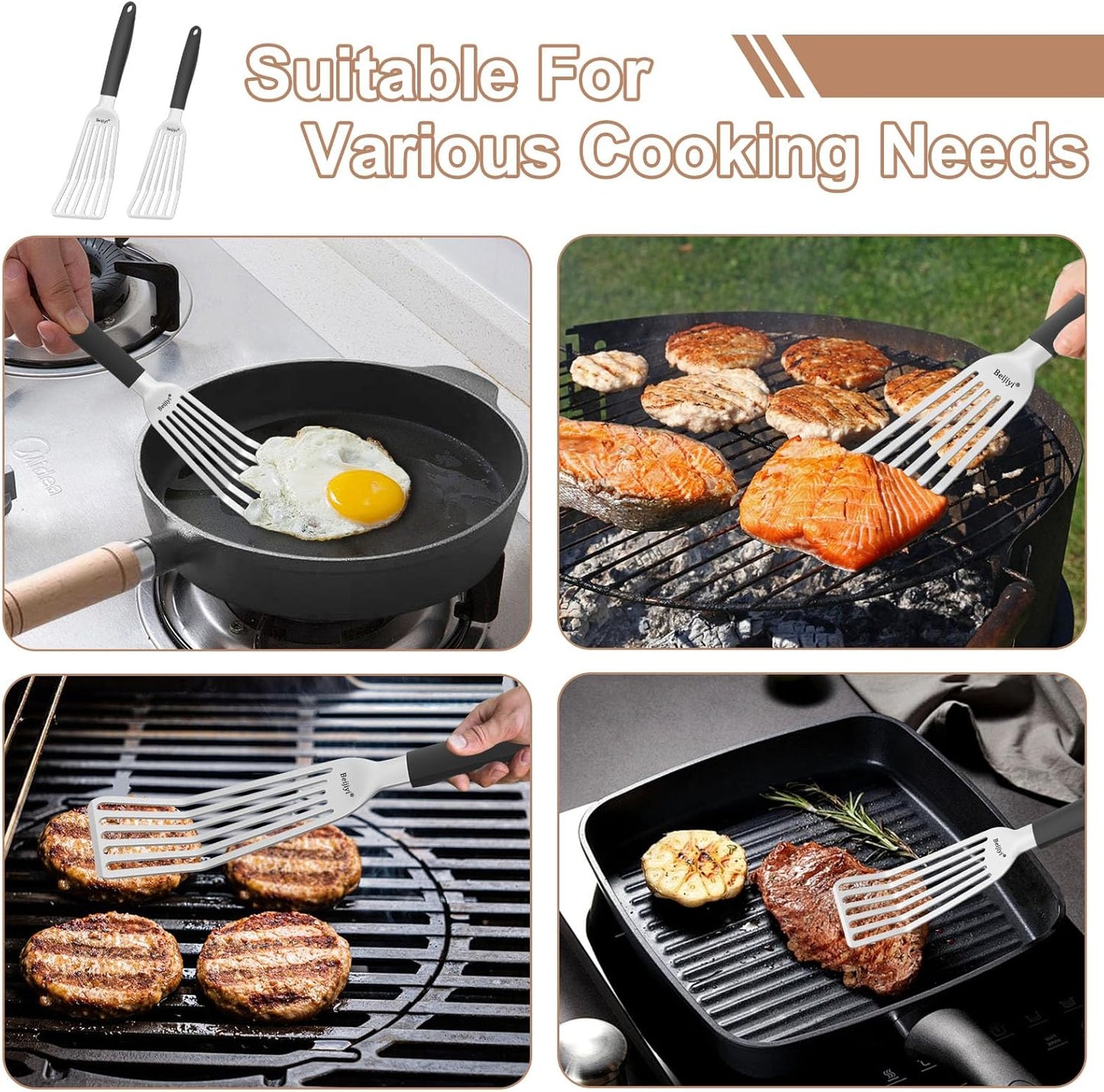 Beijiyi Stainless Steel Fish Spatula Set of 2, 13.5" & 11.7" Slotted Turner with Silicone Handle, Curved Blade, Metal Spatulas for Kitchen Use, Cooking Utensils for Flipping Fish, Burger and Grilling