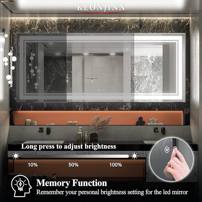 Keonjinn 72 x 30 Inch LED Bathroom Mirror 6000K (Vertical/Horizontal)