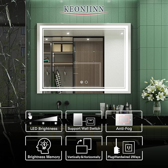 Keonjinn 48 x 36 Inch LED Bathroom Mirror