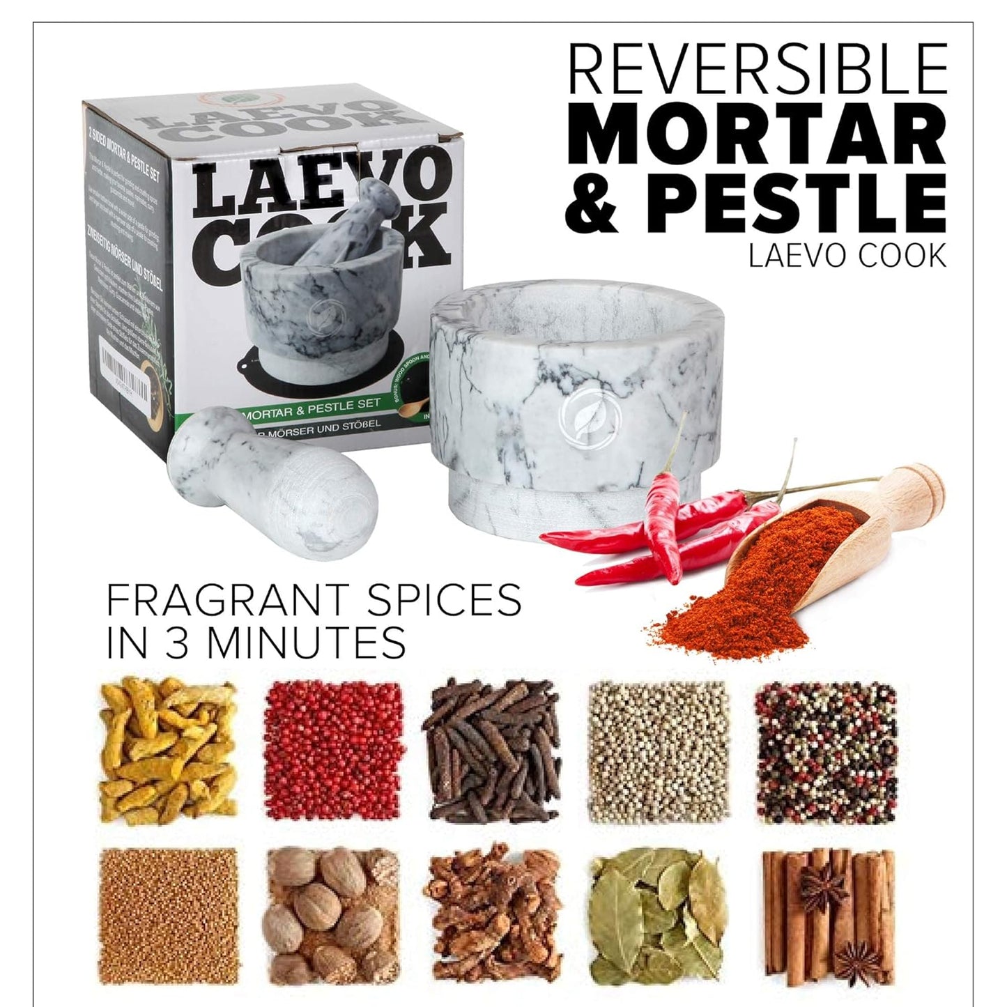 Laevo White Marble Mortar and Pestle Set - Heavy Duty Stone Spice Grinder - 2.1 Cup Capacity, 5.5-Inch Reversible Mortar and Pestle Set for Guacamole, Pesto, Spices - Large