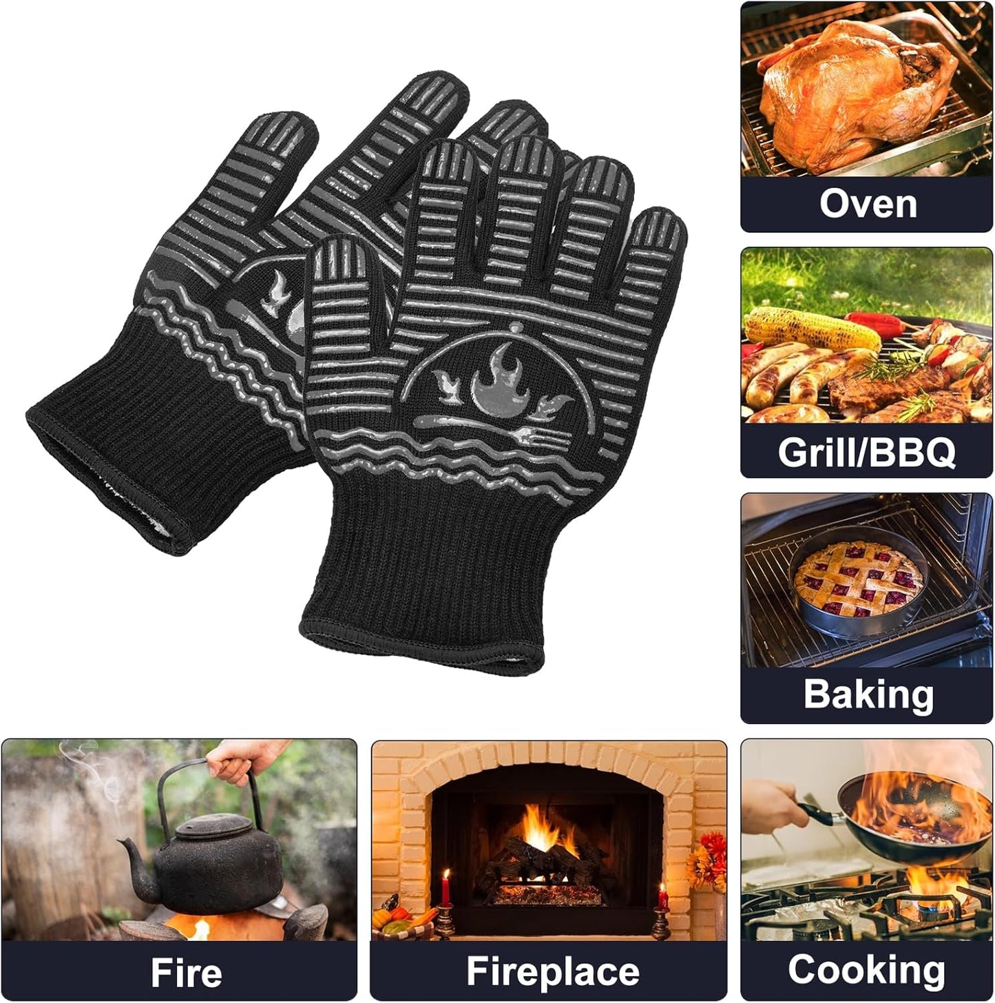 BBQ Gloves, 1472°F Extreme Heat Resistant Grill Gloves, Non-Slip Food Grade Silicone Oven Mitts for Kitchen, Cooking, Barbecue, Baking, Smoker Gray(11inch)