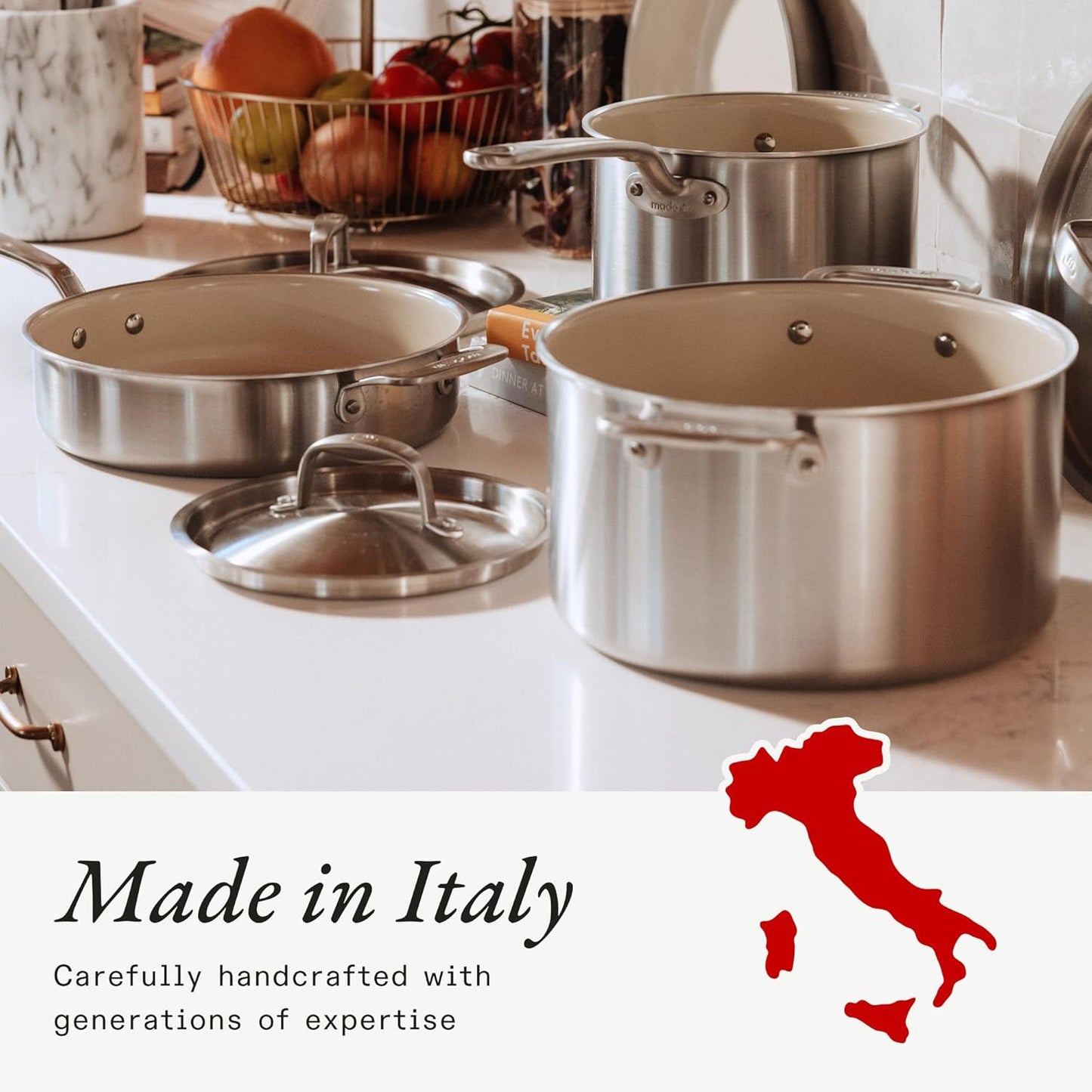 Made In Cookware - 2 QT Ceramic Non Stick Saucepan with Lid - 5-Ply Stainless Clad with Stay-Cool Handle - Professional Cookware - Crafted in Italy - Induction Compatible