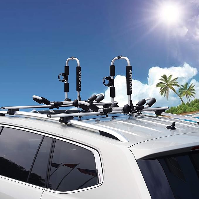 Kayak Roof Rack for 2 Kayaks, 4-in-1 Multifunction Bilateral Kayak & Canoe Car Racks J-Bar with Paddle Holder for Easy Mount Kayak/Surf/Ski/Canoe/SUP on SUV, Car and Truck Crossbar