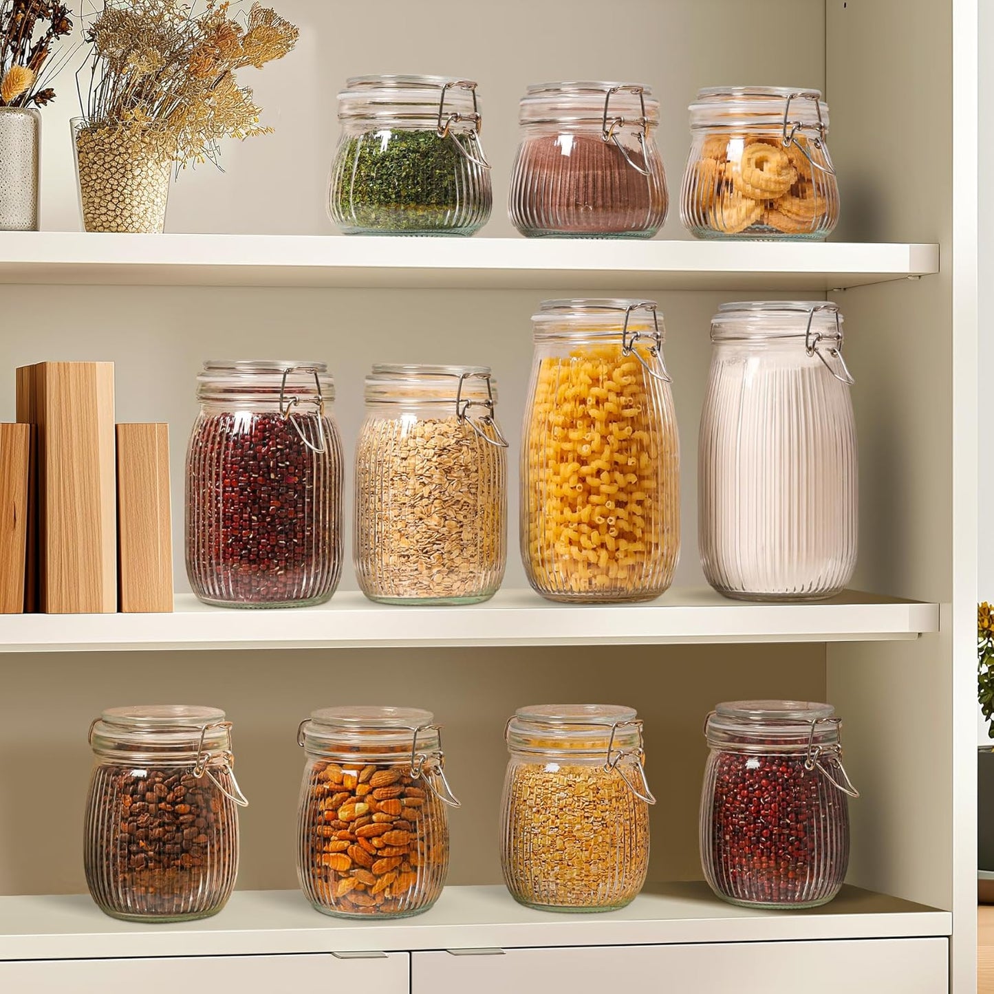 ComSaf Airtight Glass jar with lid 37oz Set of 3, Glass Storage Containers with Lids, Glass Canisters, Striped Clip Fastening Jar for Kitchen Canning, Tea, Pasta, Sugar, Beans, Cookie, Jam, Oat