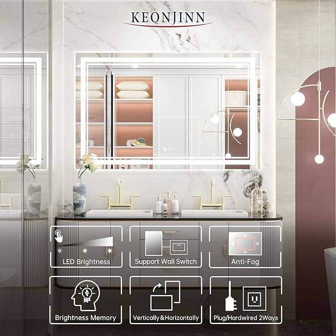 Keonjinn 48 x 30 Inch LED Mirror Lighted 6000K(Horizontal or