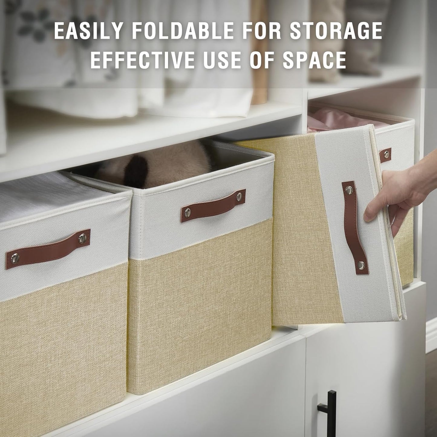Collapsible Fabric Storage Cube Bins with 2 Reinforced PU Handles, Foldable Storage Organizer Baskets for Closet, Shelves, Living Room | 13"x13"x13", 4 Pack, Beige & White