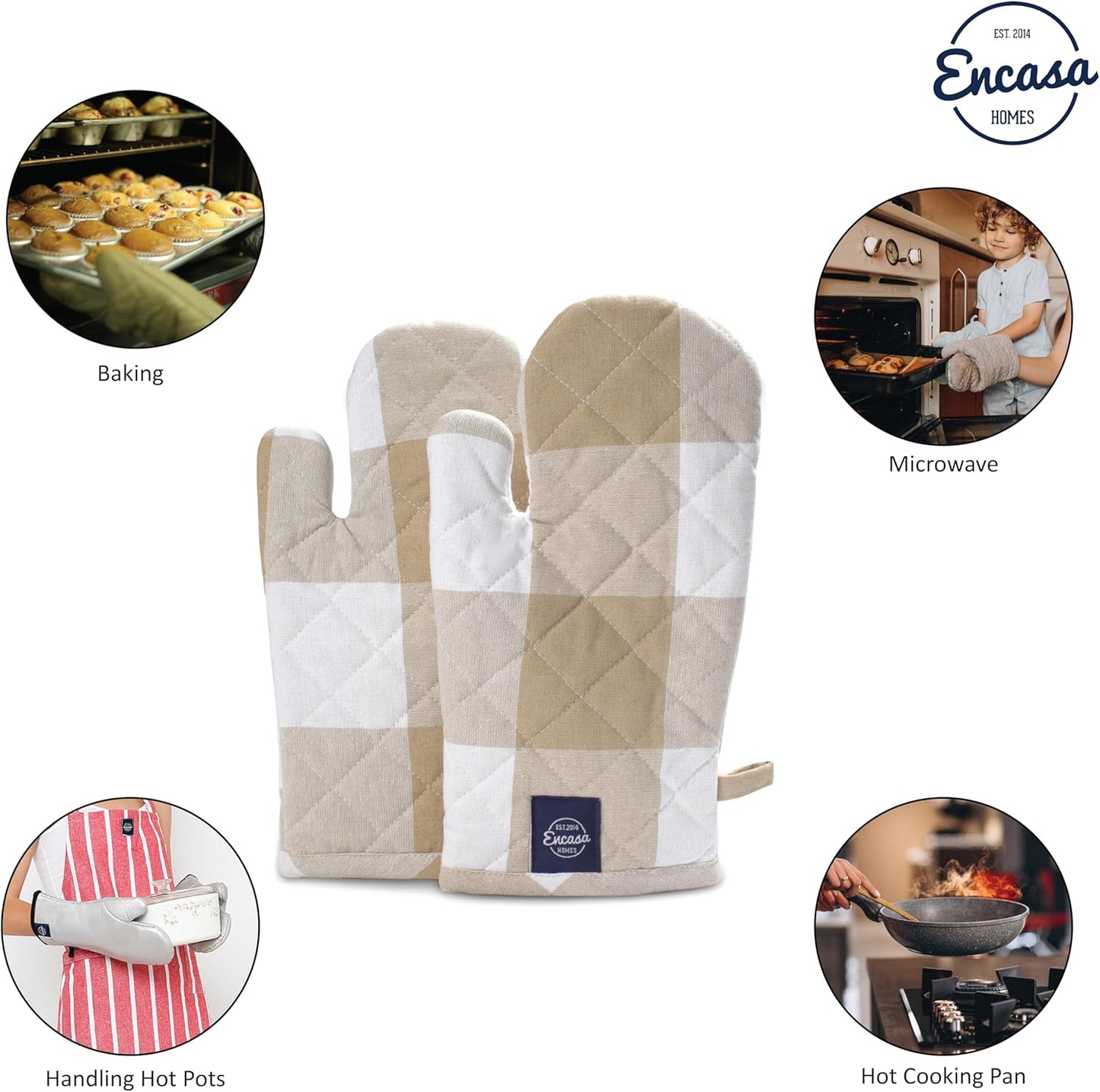 Encasa XO Long 12"x7" Oven Microwave Hand Gloves Mitts (2 pc Set) for Kitchen Cooking & Baking - Heat Resistant, Thick & Safe, Protection of Hands from Hot Utensils - Buffalo Beige Checks