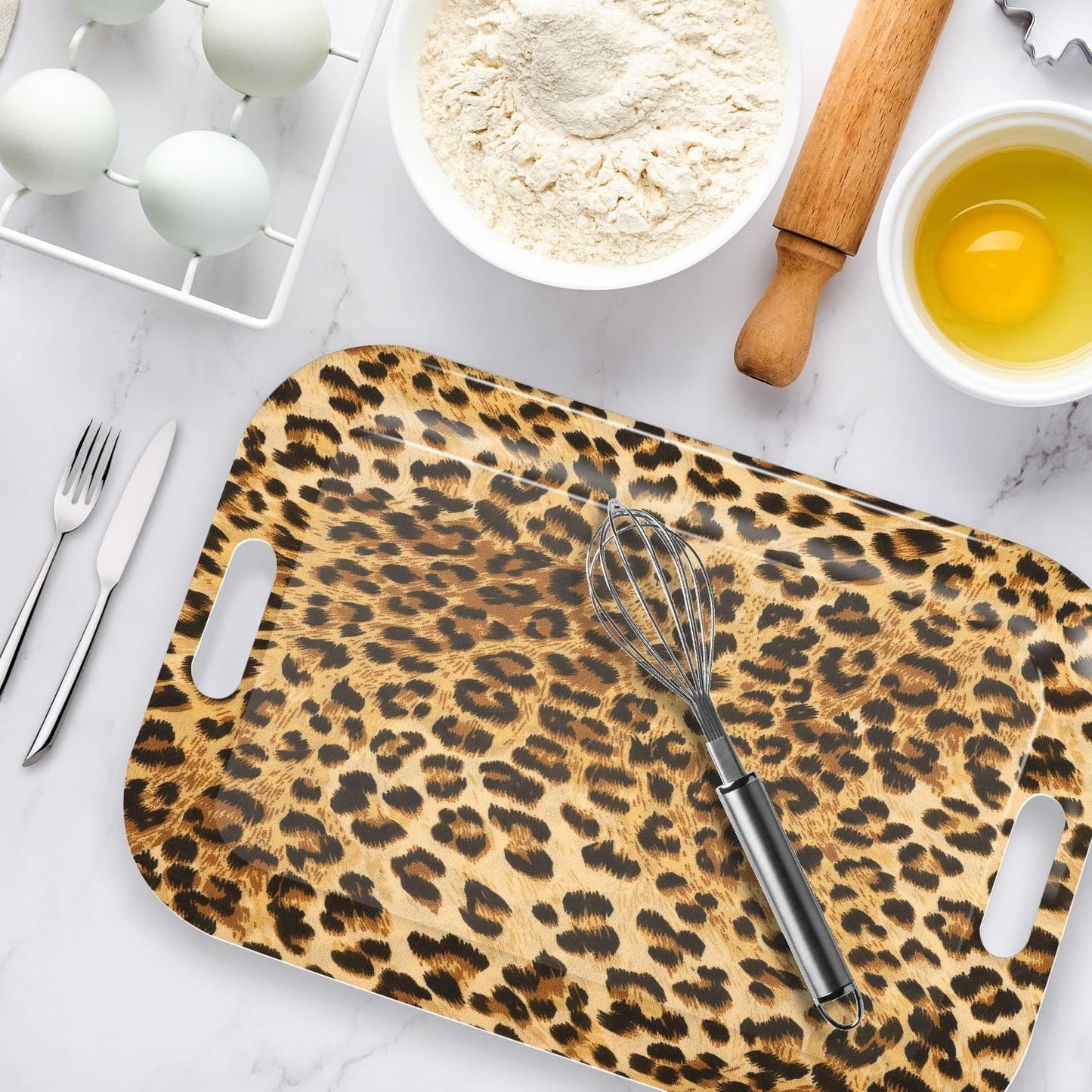 Serving Trays with Handles, 14.5 x 9.8 inch Rectangular Plastic Tray for Restaurant, Kitchen, Brown Leopard