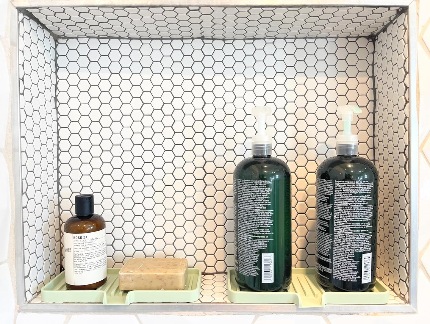 Happitasa Silicone Soap Dish Tray and Sponge Holder with Drain Chute | Bathroom and Kitchen Sink Organizer Caddy (Light Grey, 9"x3.5", 5.6 Ounces)