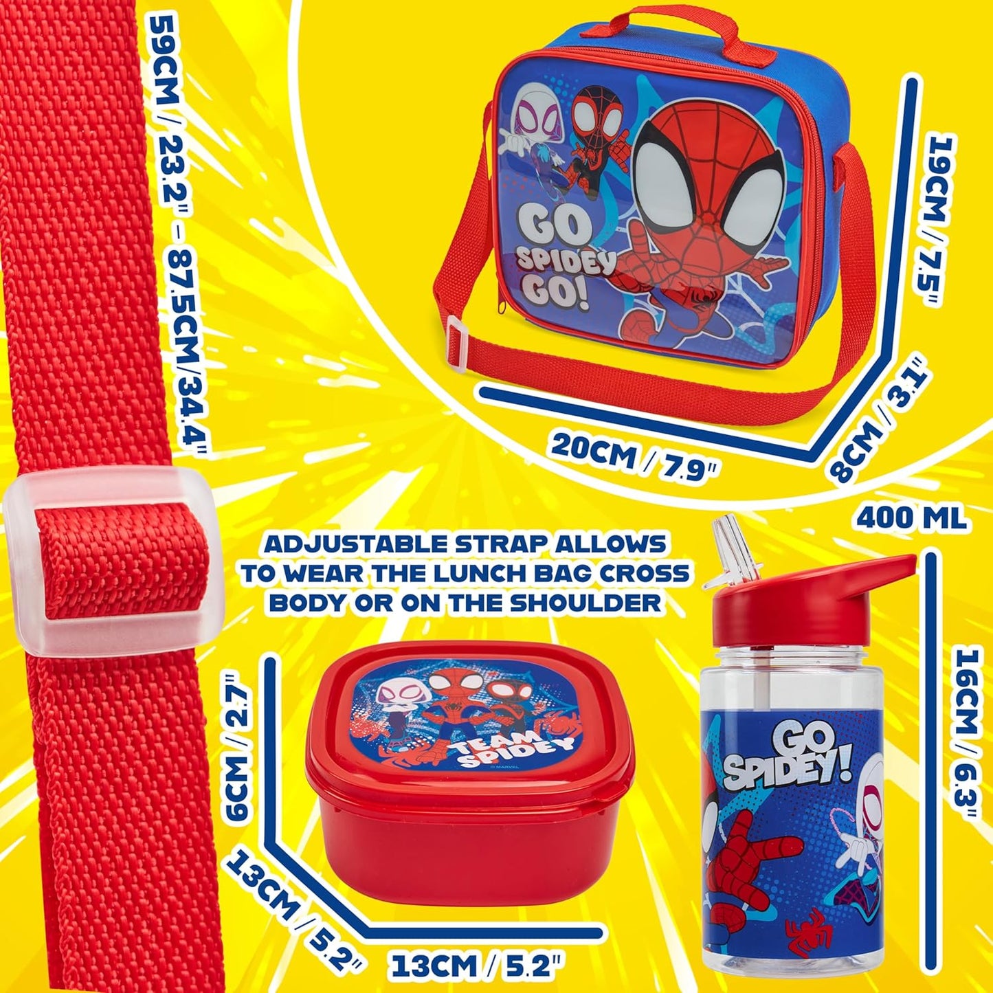 Get Trend Marvel Spidey Kids Lunch Bag Set 3 Pc with Leak Proof Water Bottle and Small Lunch Box Insulated for School Daycare or Travel (Spidey)