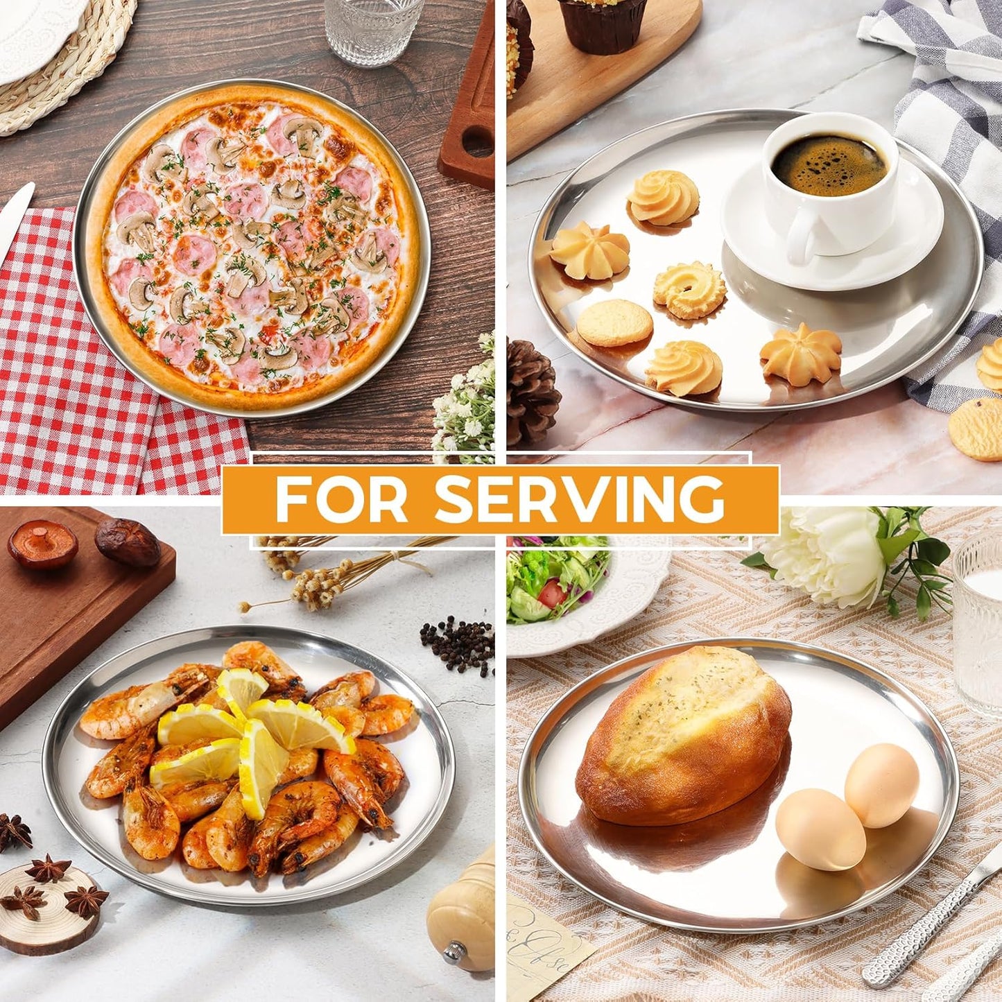 P&P CHEF 10 Inch Pizza Pan, Stainless Steel Round Pizza Tray Baking Pans, Pizzas Plate Serving Tray for Cookie Meat, Oven & Dishwasher Safe & Easy Cleaning, (Mirror Finish) - 4 Pieces