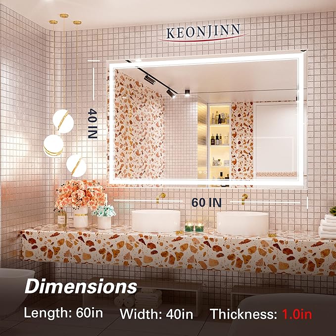 Keonjinn LED Bathroom Mirror with Lights 60 x 40 Inch,