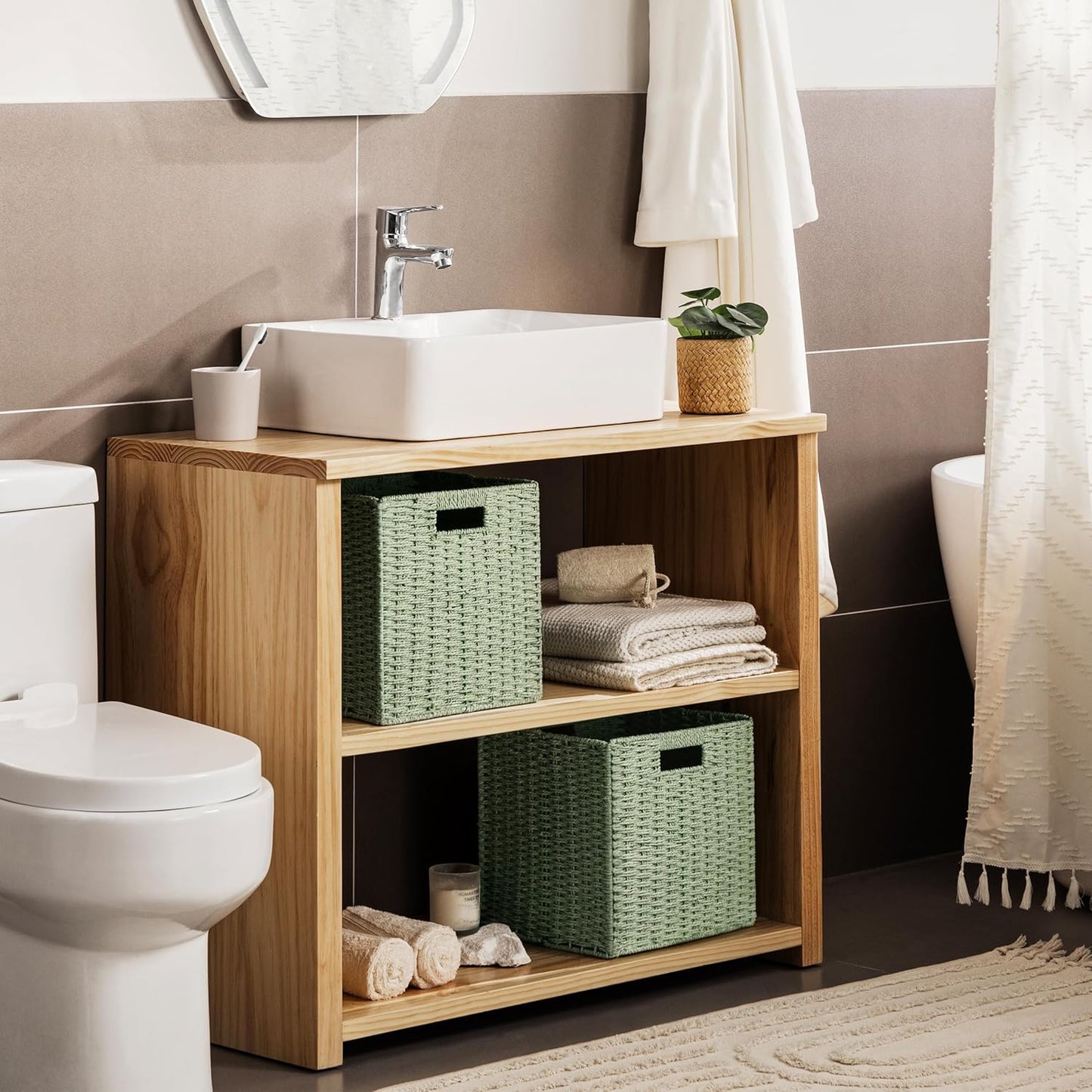 UBBCARE 3 Pack Wicker Basket, 11L×11H×10.5W inch Woven Paper Rope Storage Baskets for shelves, Foldable Cube Storage bin with Handle, Storage Basket for Organizing & Decor, Green