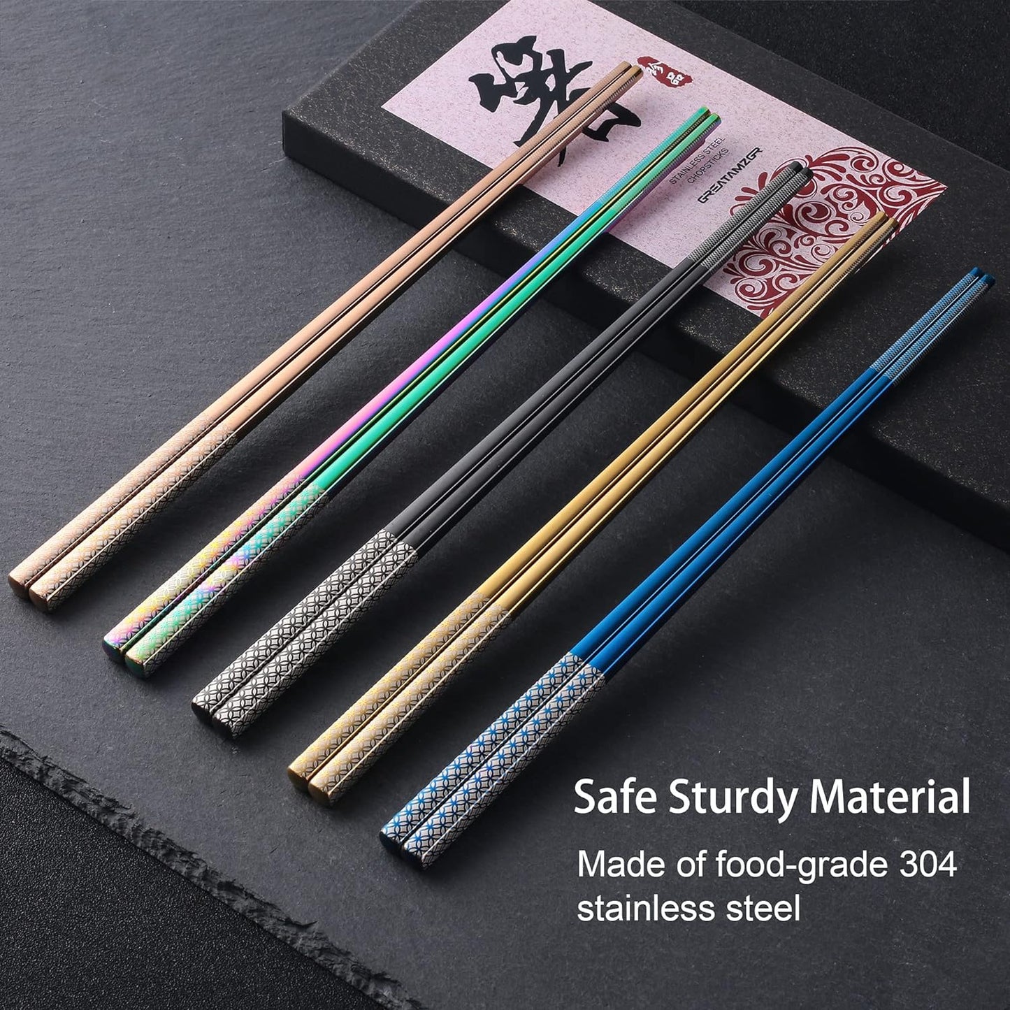 Metal Chopsticks Reusable Multicolor Stainless Steel Chopsticks Dishwasher Safe Chop Sticks Laser Engraved Copper Coin Pattern Square Non-slip, 9 1/4 Inches 5 Pairs Gift Set