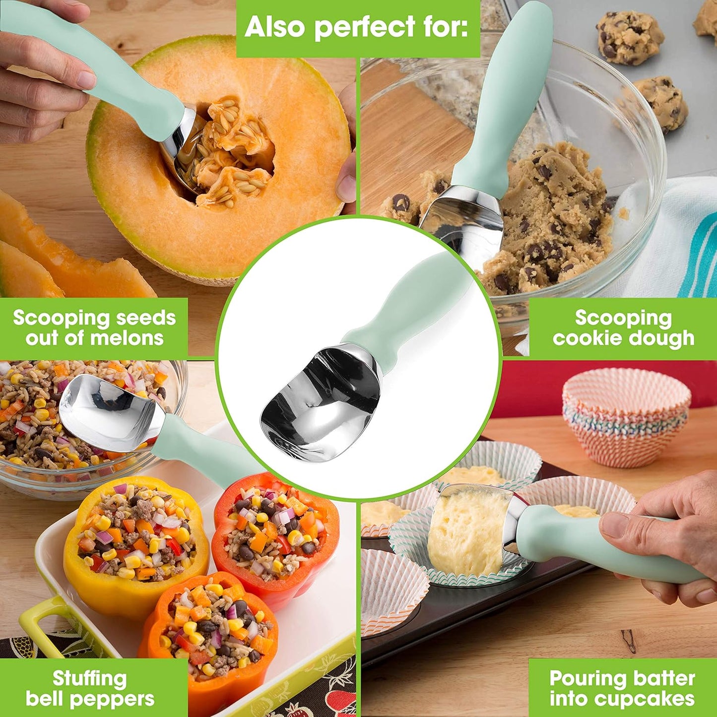 Spring Chef Stainless Steel Ice Cream Scoop - Dishwasher Safe Metal Ice Cream Scooper, Heavy Duty Kitchen Tool with Soft Grip Anti-Freeze Handle, Perfect for Frozen Yogurt, Sorbet, Sundae - Mint