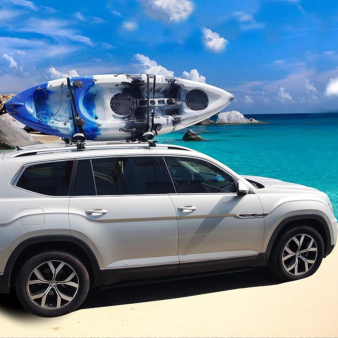 Kayak Roof Rack Carrier Kayak & Canoe Car Racks J-Bar with 3-in-1 Multifunction Paddle Holder for Easy Mount Kayak/Surf/Ski/Canoe/SUP on SUV, Car and Truck Crossbar