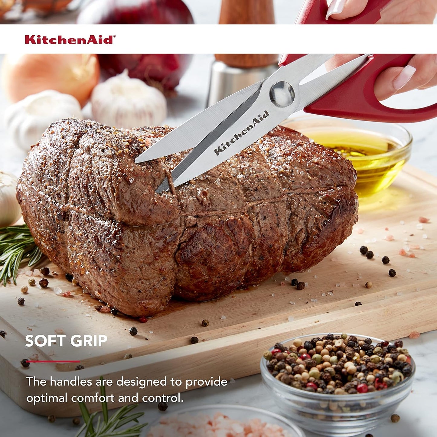 KitchenAid All Purpose Kitchen Shears with Protective Sheath Durable Stainless Steel Scissors, Dishwasher Safe, Soft Grip Comfort Handle, 8.72 Inch, Red