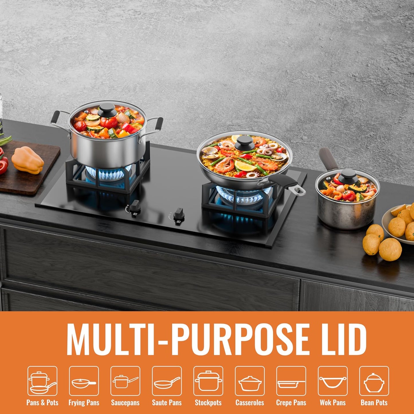 8 Inch Pan Lid For Pots Pans and Skillets, Cast Iron Skillet Lid, Tempered Glass Pan Lids Replacement, Pot Covers for Cooking, Wok, Crock Pot Lid with Stainless Steel Rim, Frying Pot Lids Only